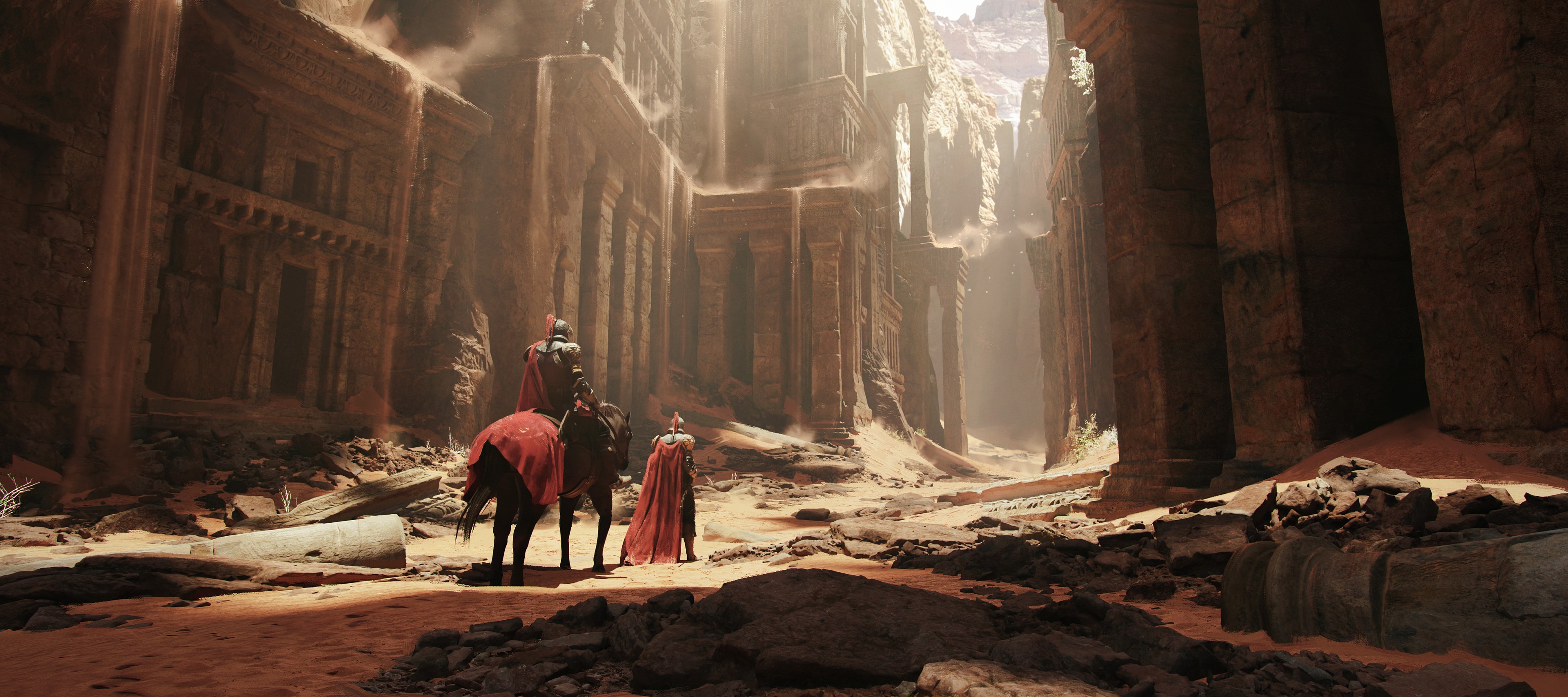 Warriors on horseback in ancient ruins HD Wallpaper