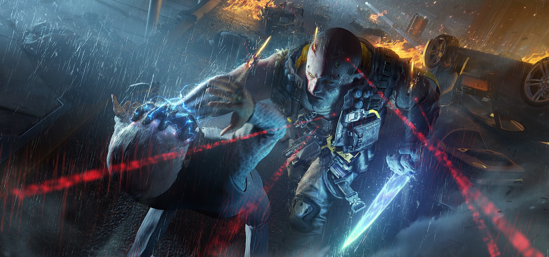 Cyberpunk character fighting a creature in a rainy city HD Wallpaper