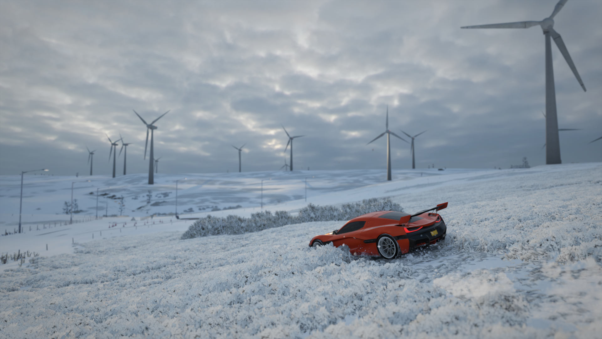 Red supercar in snow with wind turbines in background HD Wallpaper
