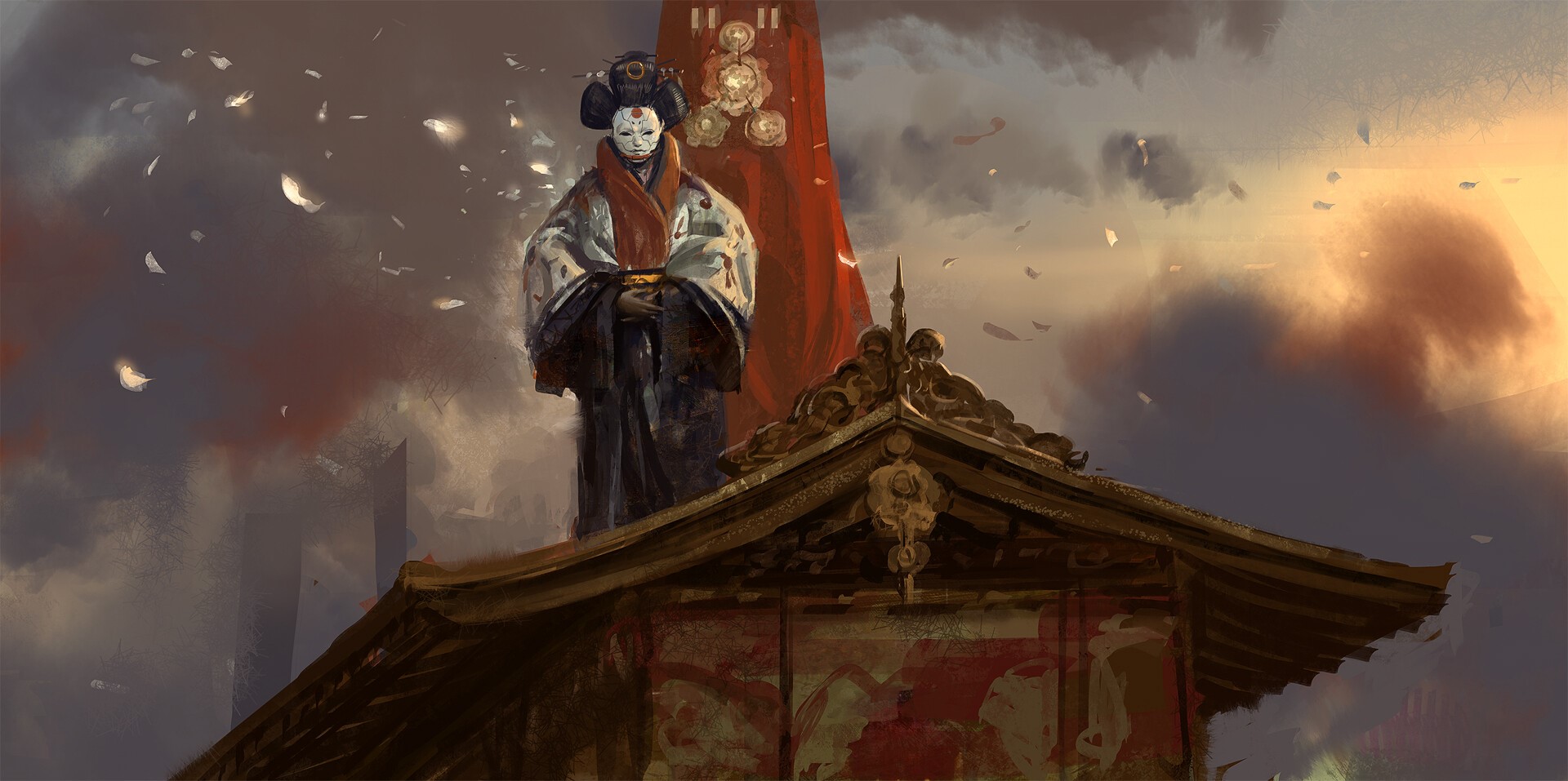 Woman in mask and traditional Japanese clothing on a rooftop HD Wallpaper