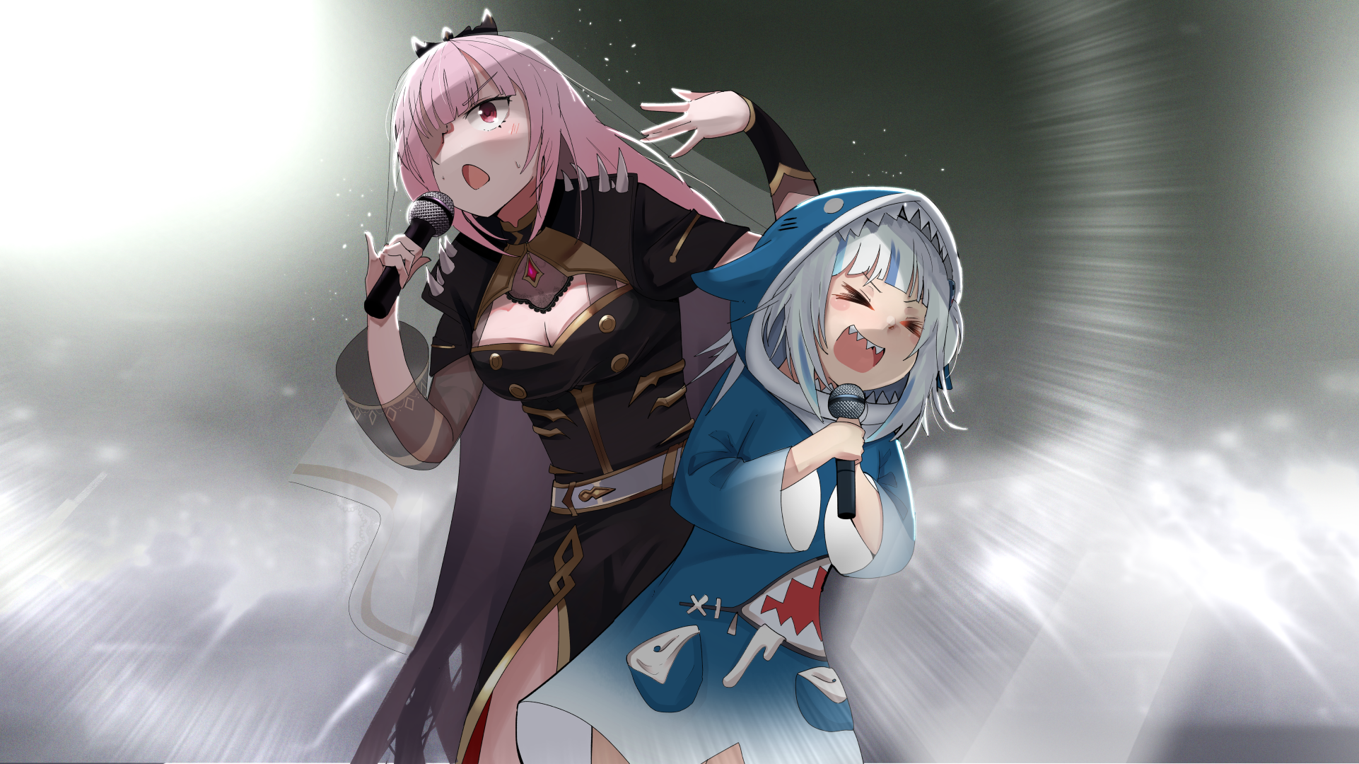 Mori Calliope and Gawr Gura singing on stage HD Wallpaper