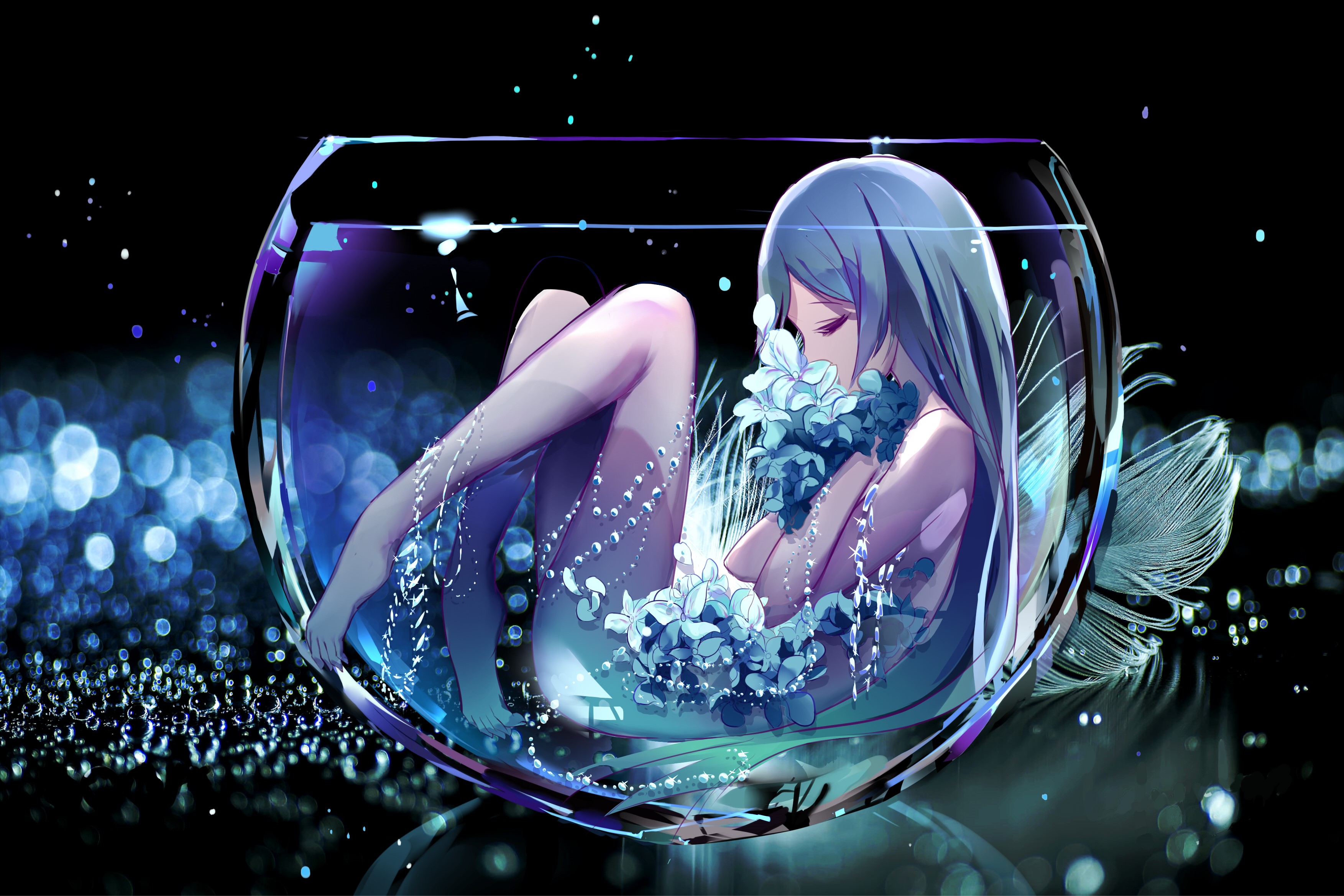 Anime Girl with Blue Hair in Glass Bowl HD Wallpaper