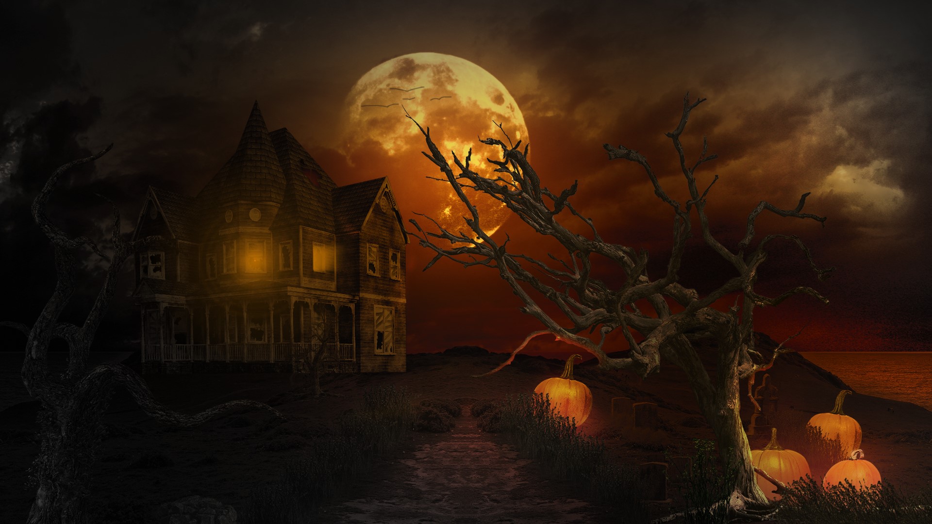 Spooky Halloween house with pumpkins and a full moon HD Wallpaper
