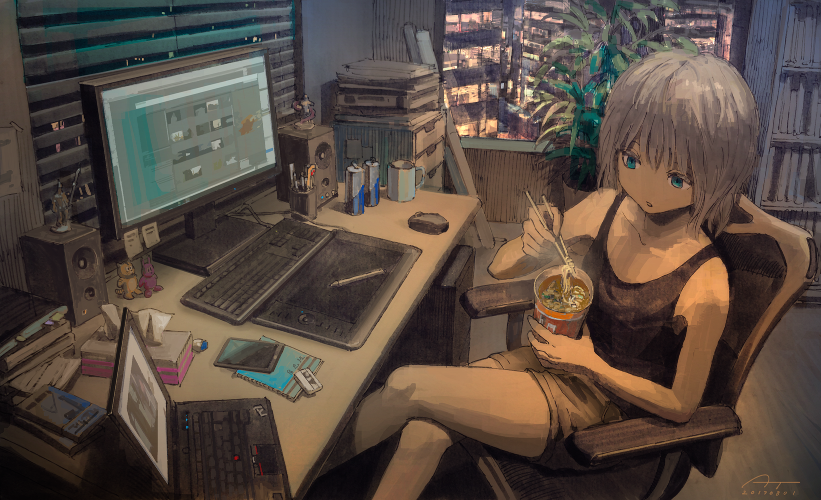 Anime girl eating noodles at a computer desk HD Wallpaper