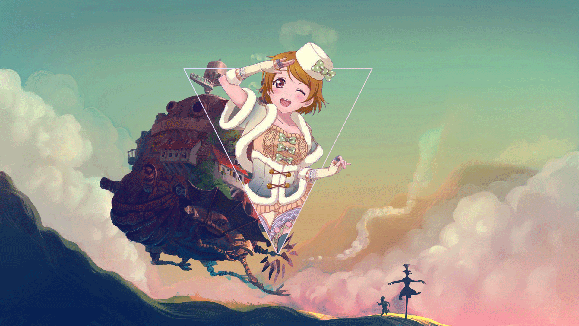 Anime girl and Howl's Moving Castle in the sky HD Wallpaper