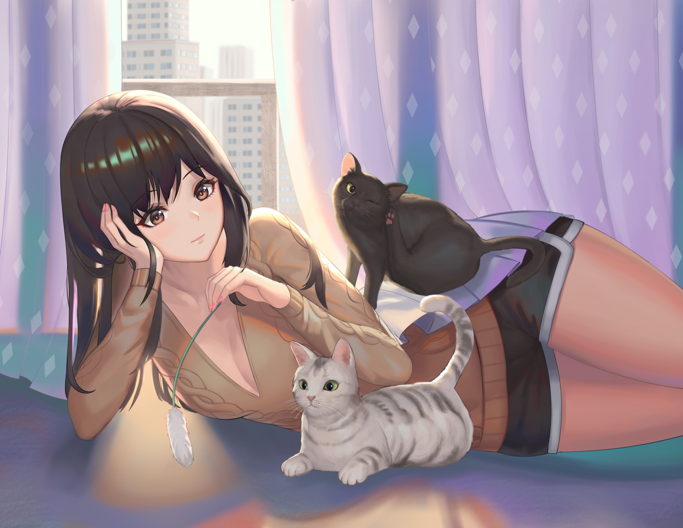 Anime girl with two cats by the window HD Wallpaper