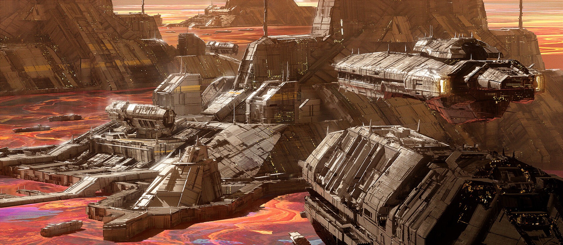 Science fiction industrial complex on a lava planet HD Wallpaper