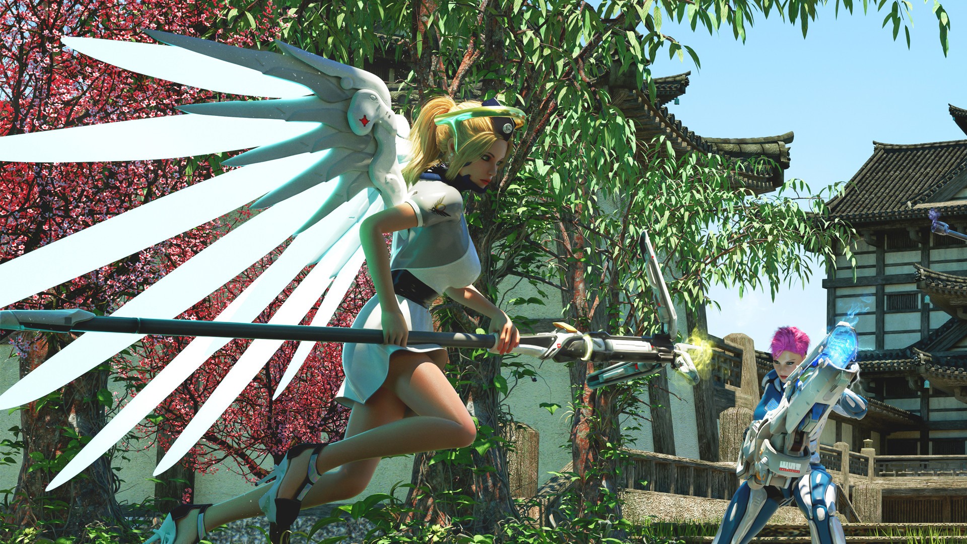 Mercy and Zarya from Overwatch fighting HD Wallpaper