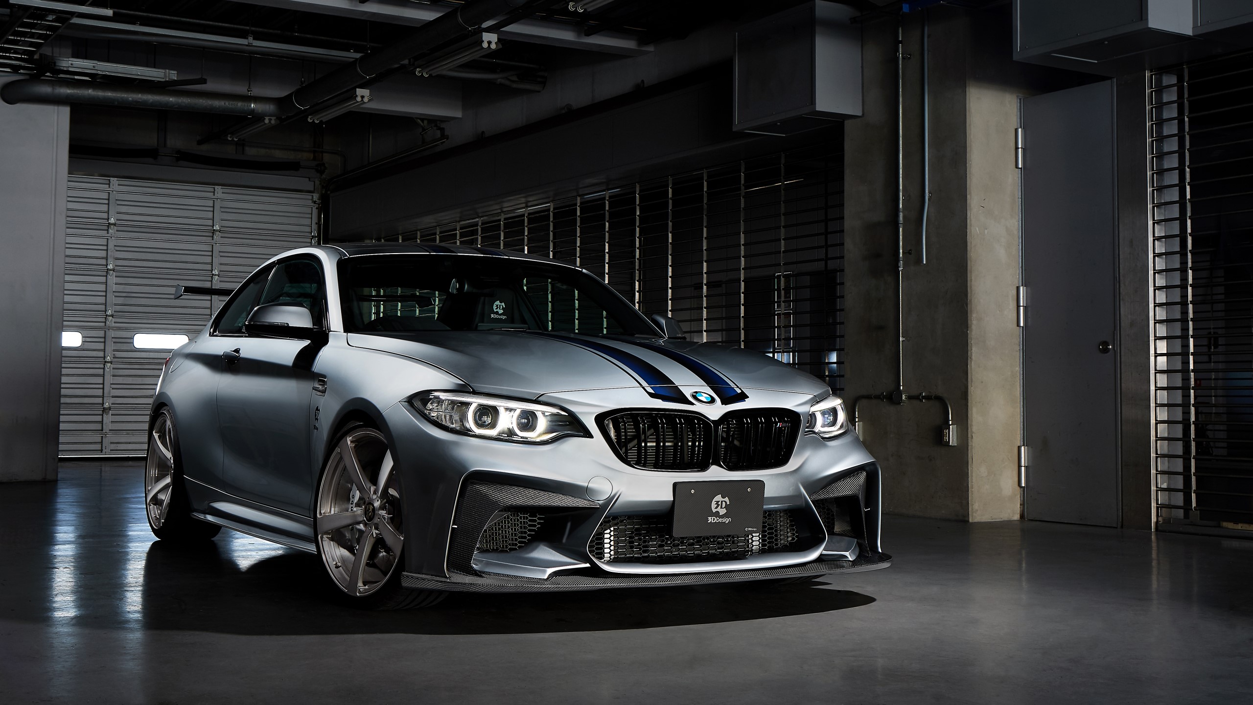 Silver BMW M2 with Blue Stripes in Garage HD Wallpaper