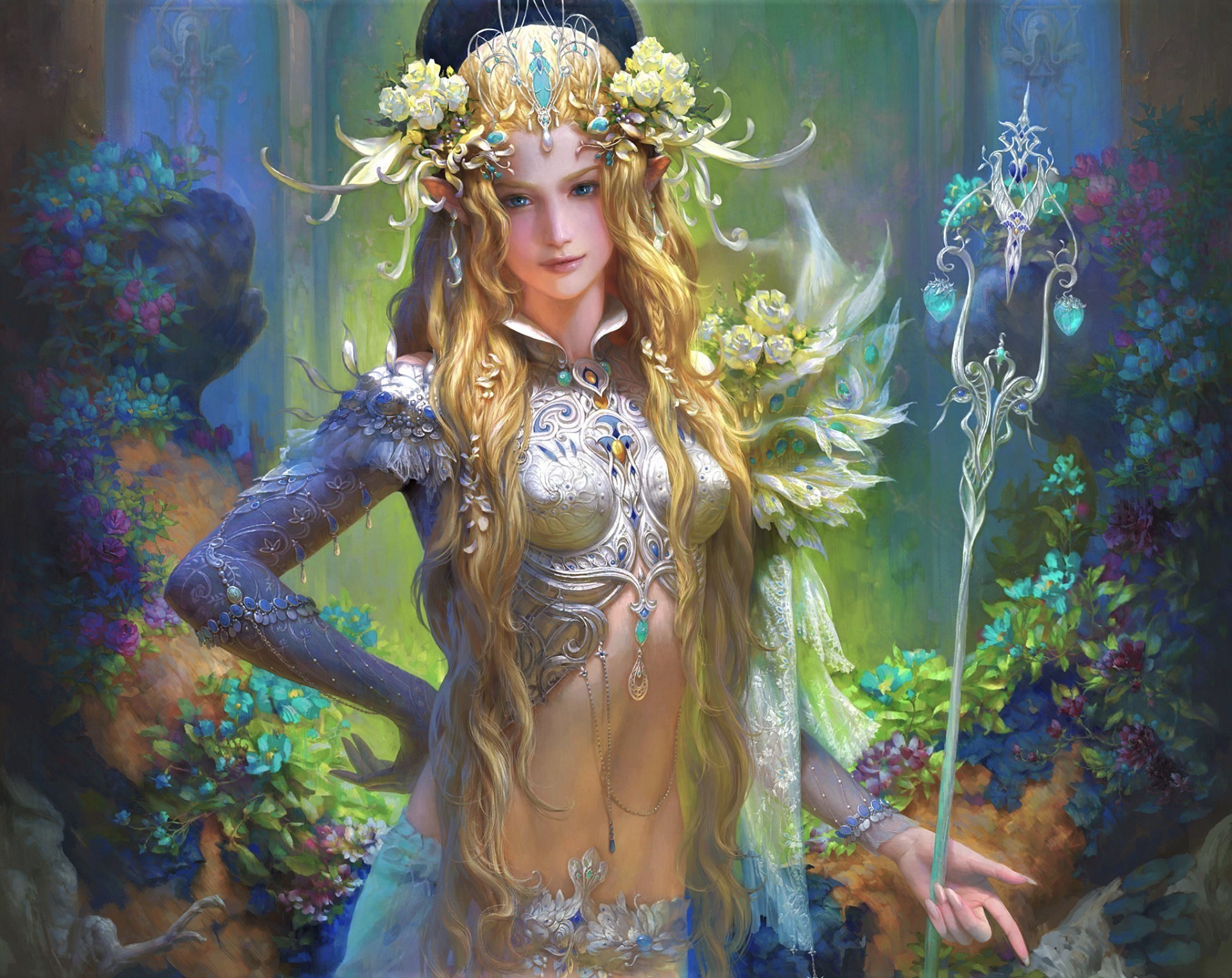 Fantasy elf woman with flowers and staff HD Wallpaper