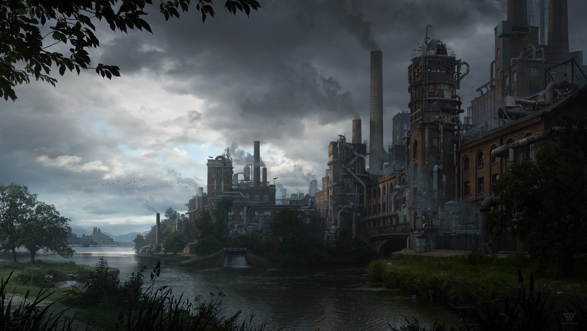 Industrial factory complex by a river under cloudy sky HD Wallpaper