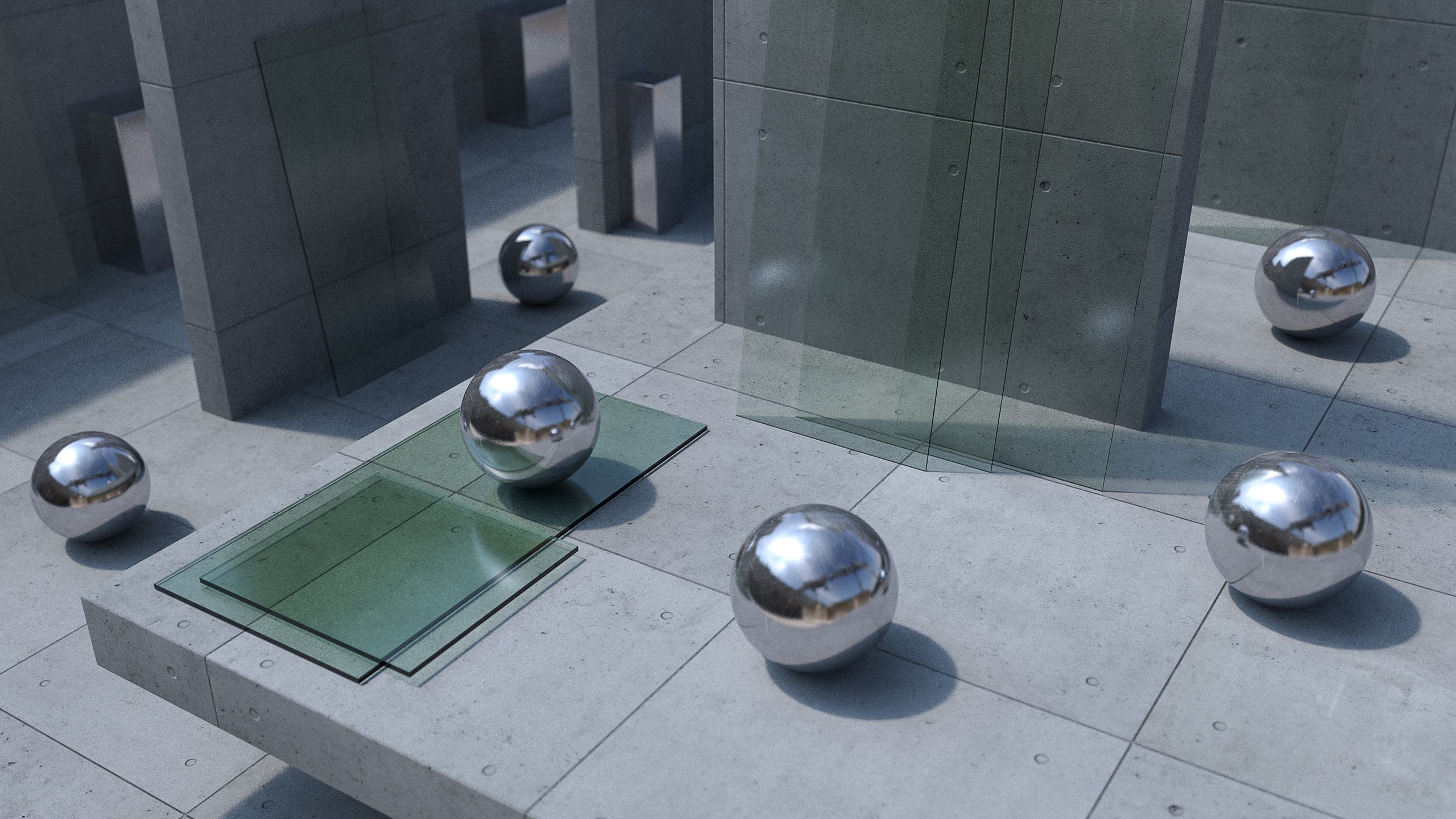 Chrome spheres in a concrete maze with glass HD Wallpaper