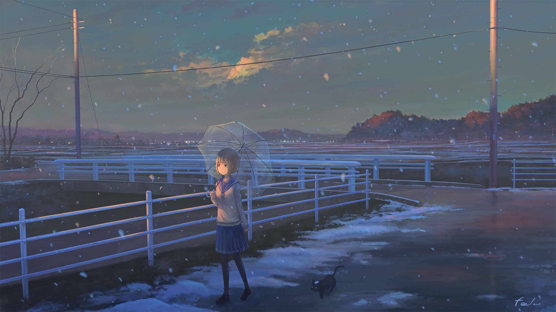Anime girl in school uniform with umbrella and cat in snow HD Wallpaper