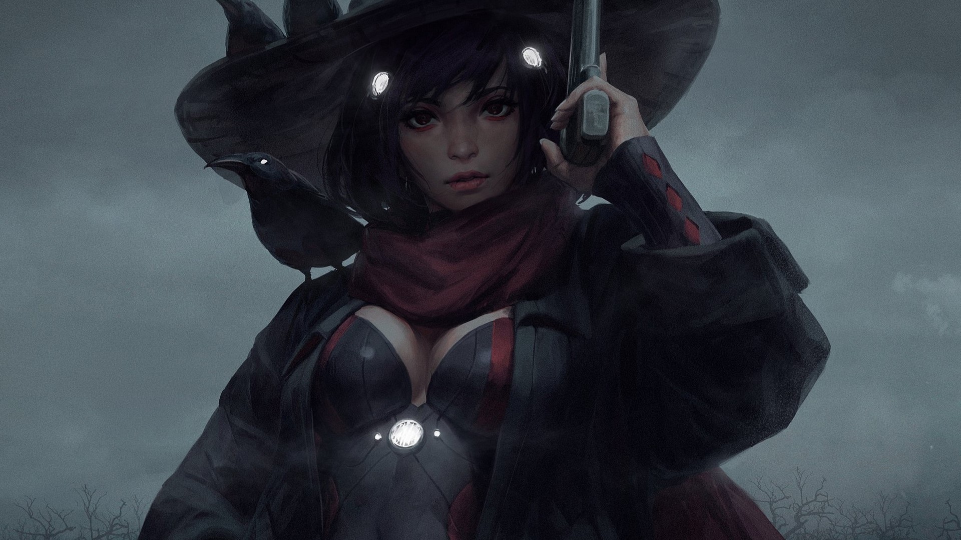Witch with crow holding a pistol HD Wallpaper