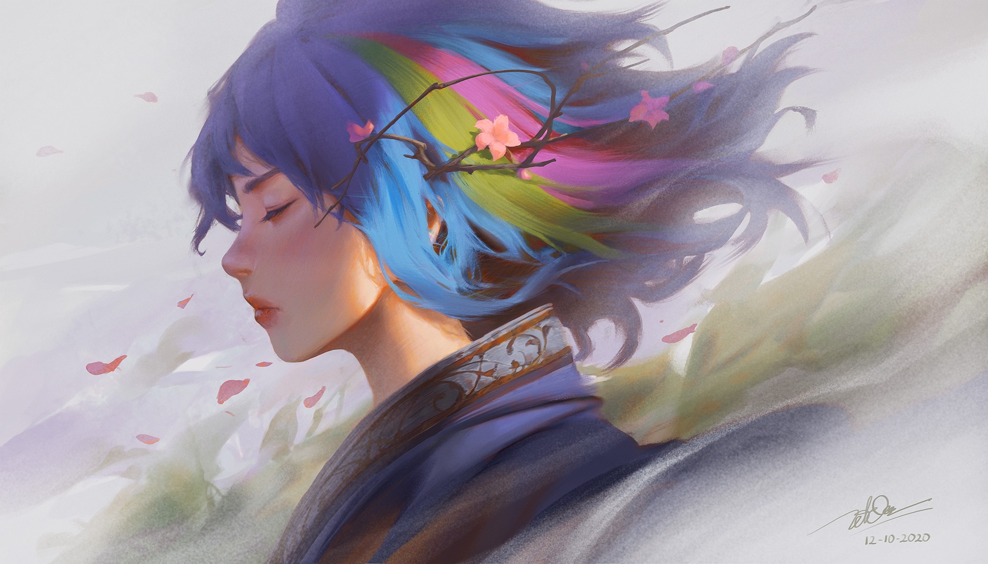 Fantasy girl with colorful hair and flowers HD Wallpaper