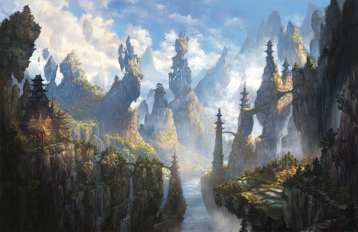 Fantasy landscape with floating islands and pagodas HD Wallpaper
