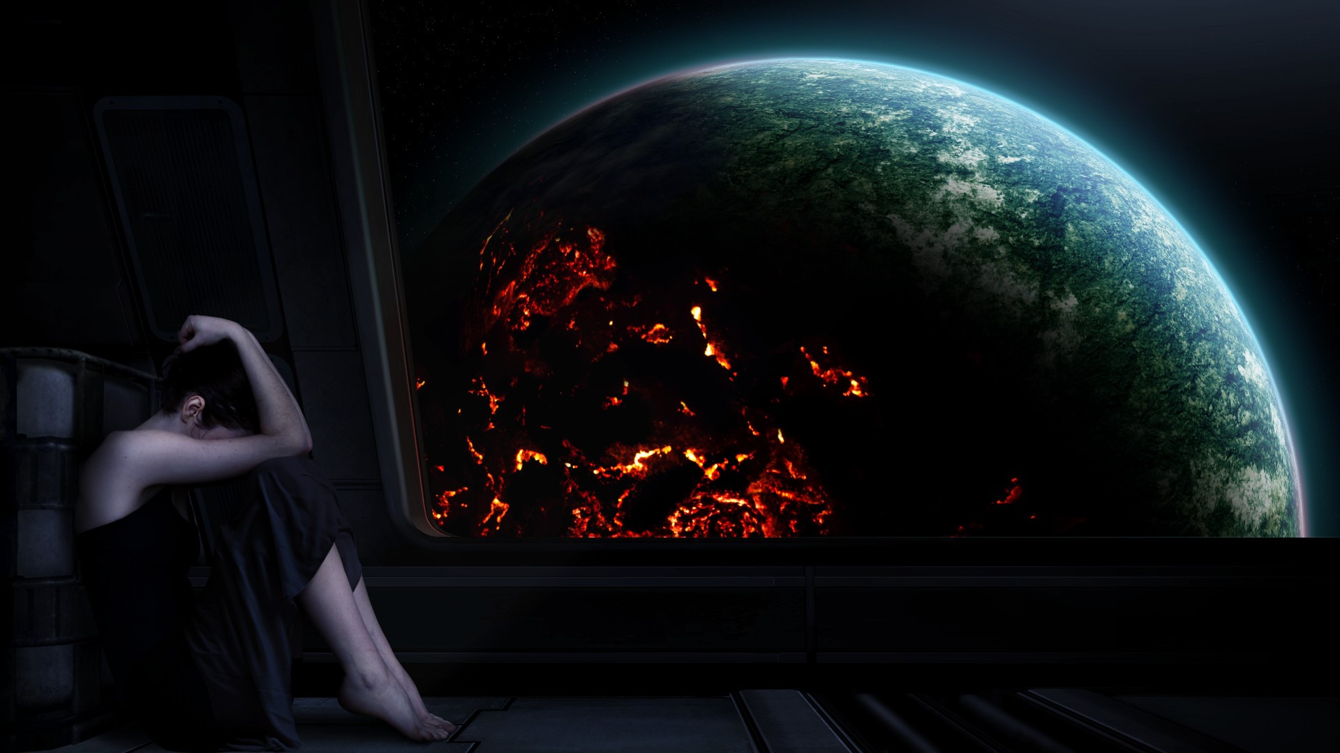 Woman in black dress looking at burning planet from spaceship HD Wallpaper