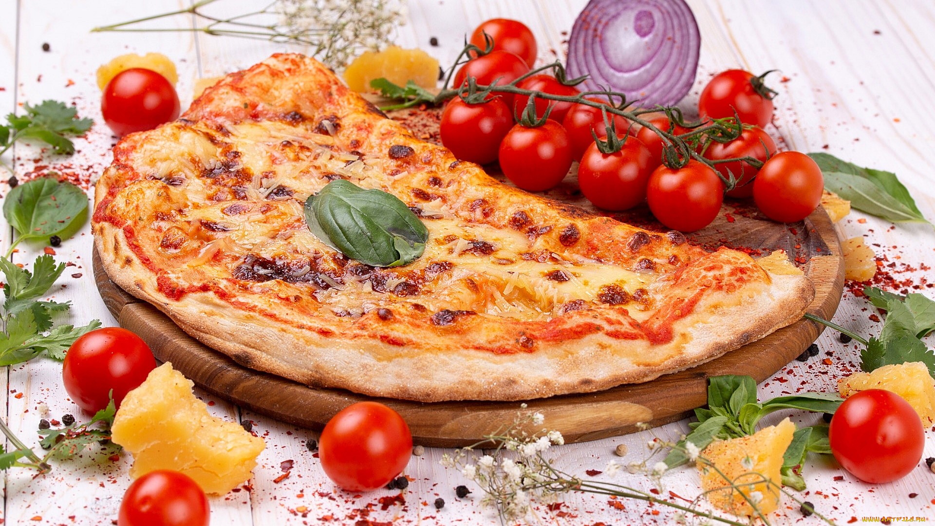 Pizza with tomatoes, cheese, and basil HD Wallpaper