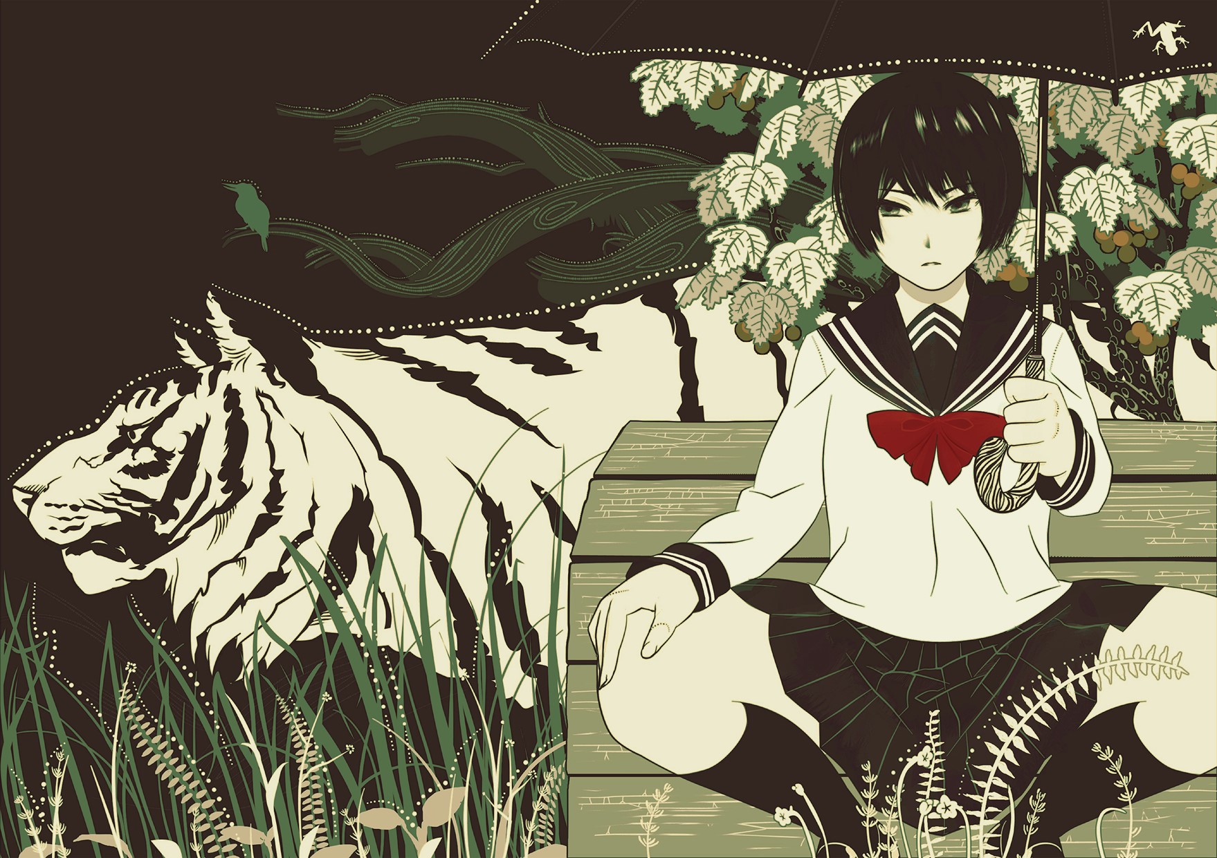 Girl with umbrella and tiger by Kondou Totetsu HD Wallpaper
