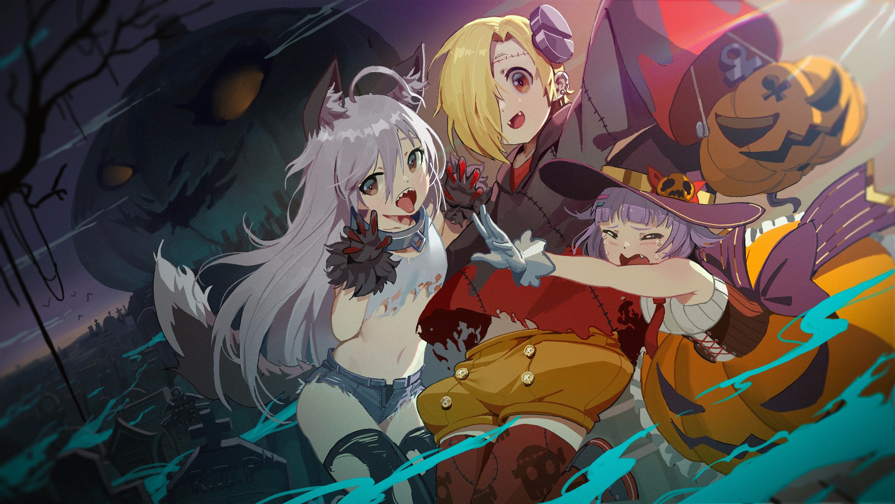 Anime girls in Halloween costumes with Jack O Lanterns HD Wallpaper