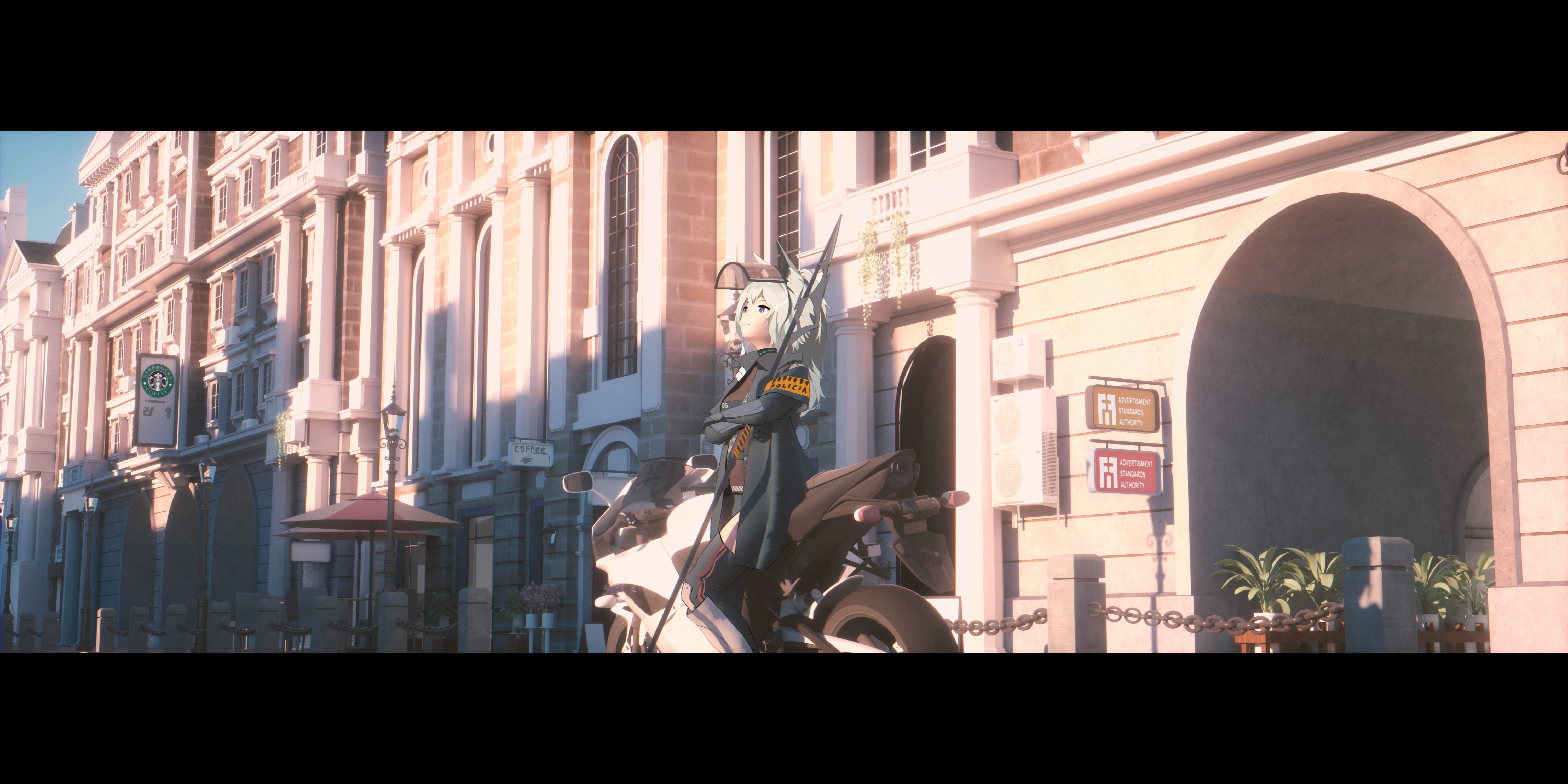 Grani from Arknights on a motorcycle in a city HD Wallpaper