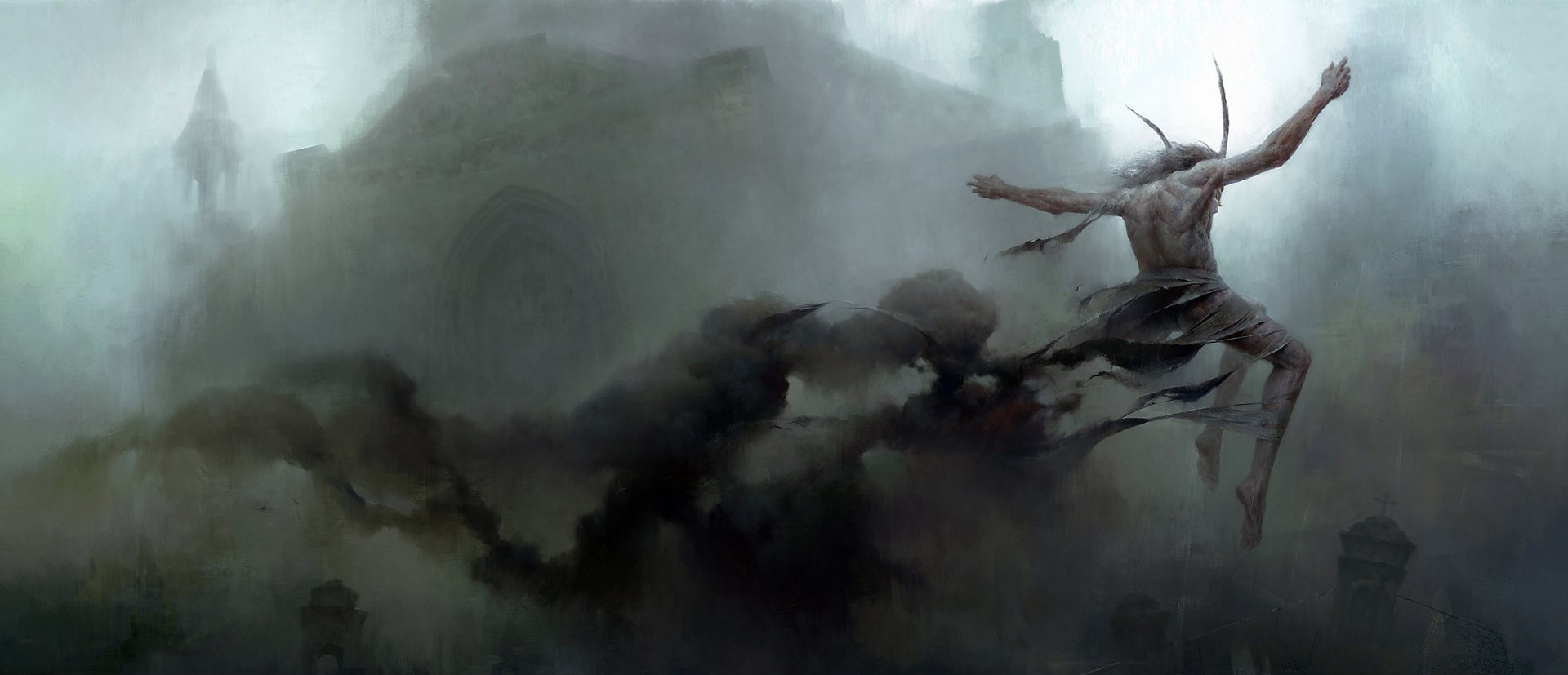 A demonic figure with horns emerging from smoke HD Wallpaper