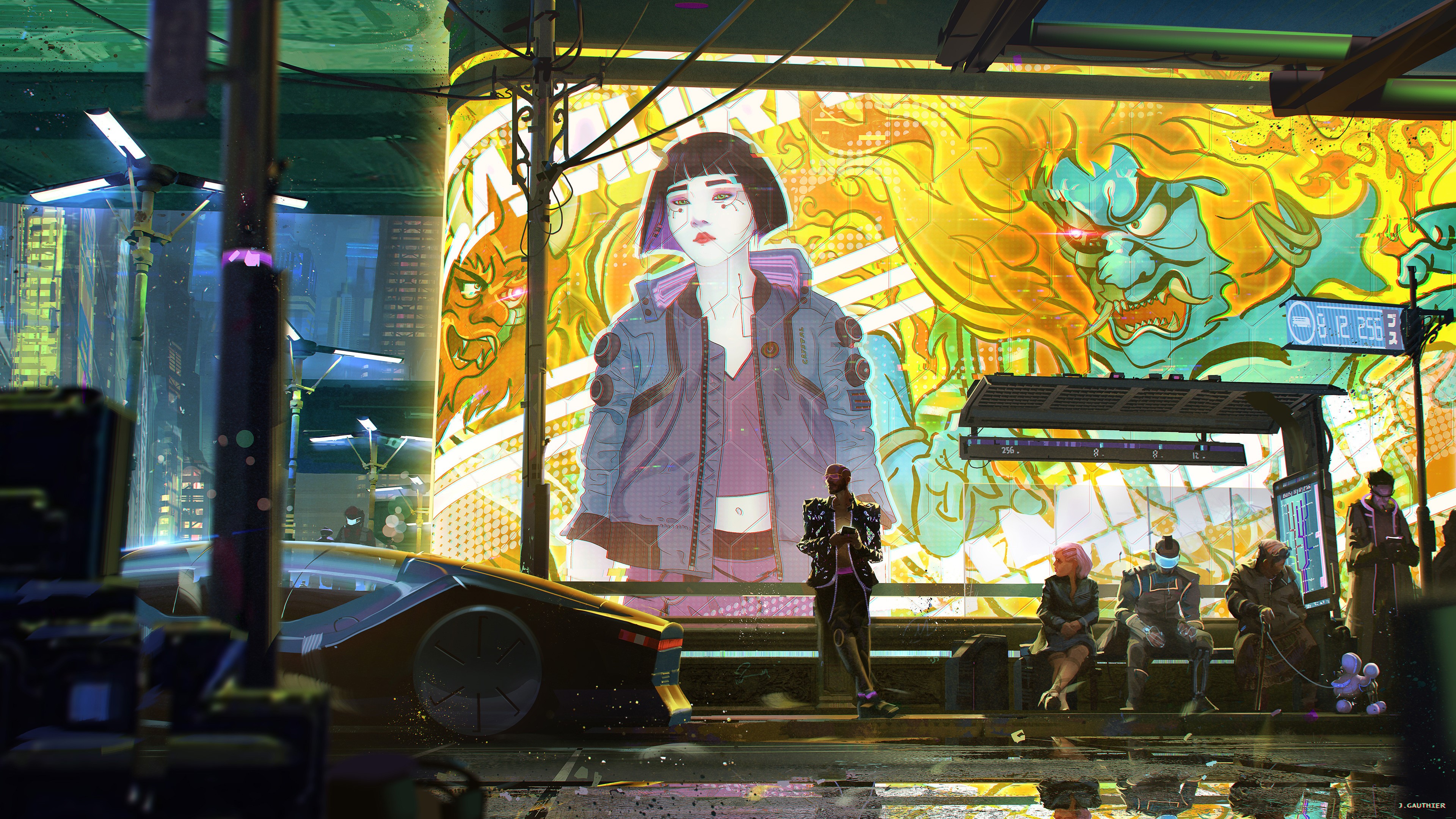 Cyberpunk street scene with people at a bus stop HD Wallpaper