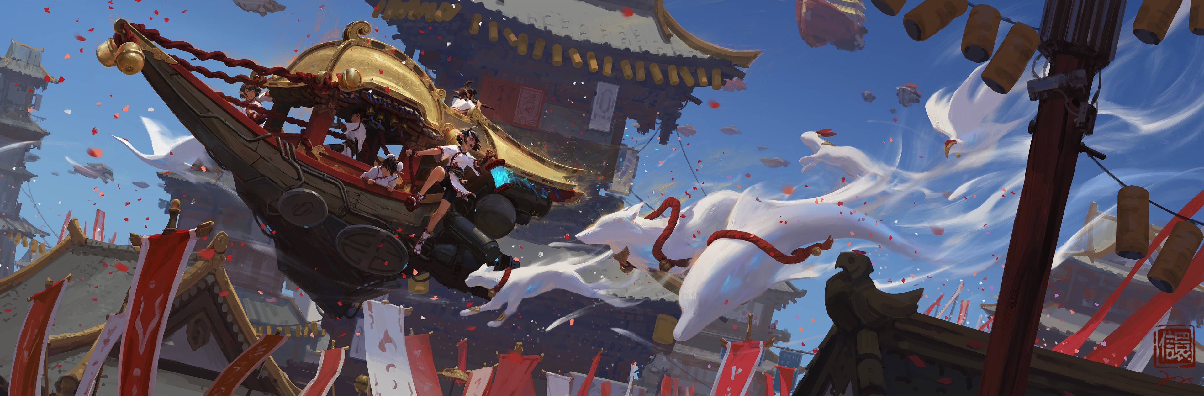 Fantasy vehicle with fox spirits in Asian city HD Wallpaper