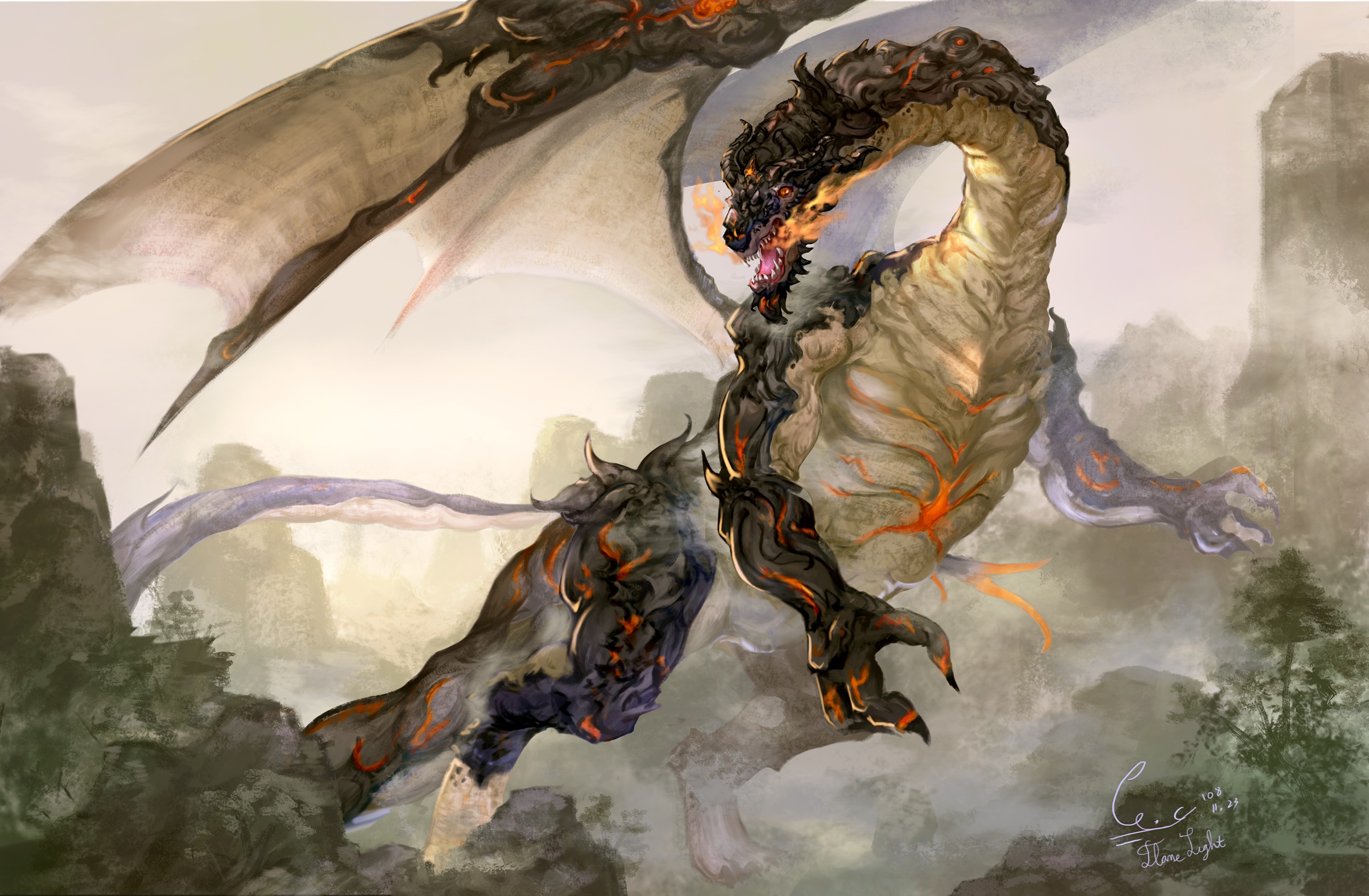Dragon artwork with fiery breath HD Wallpaper