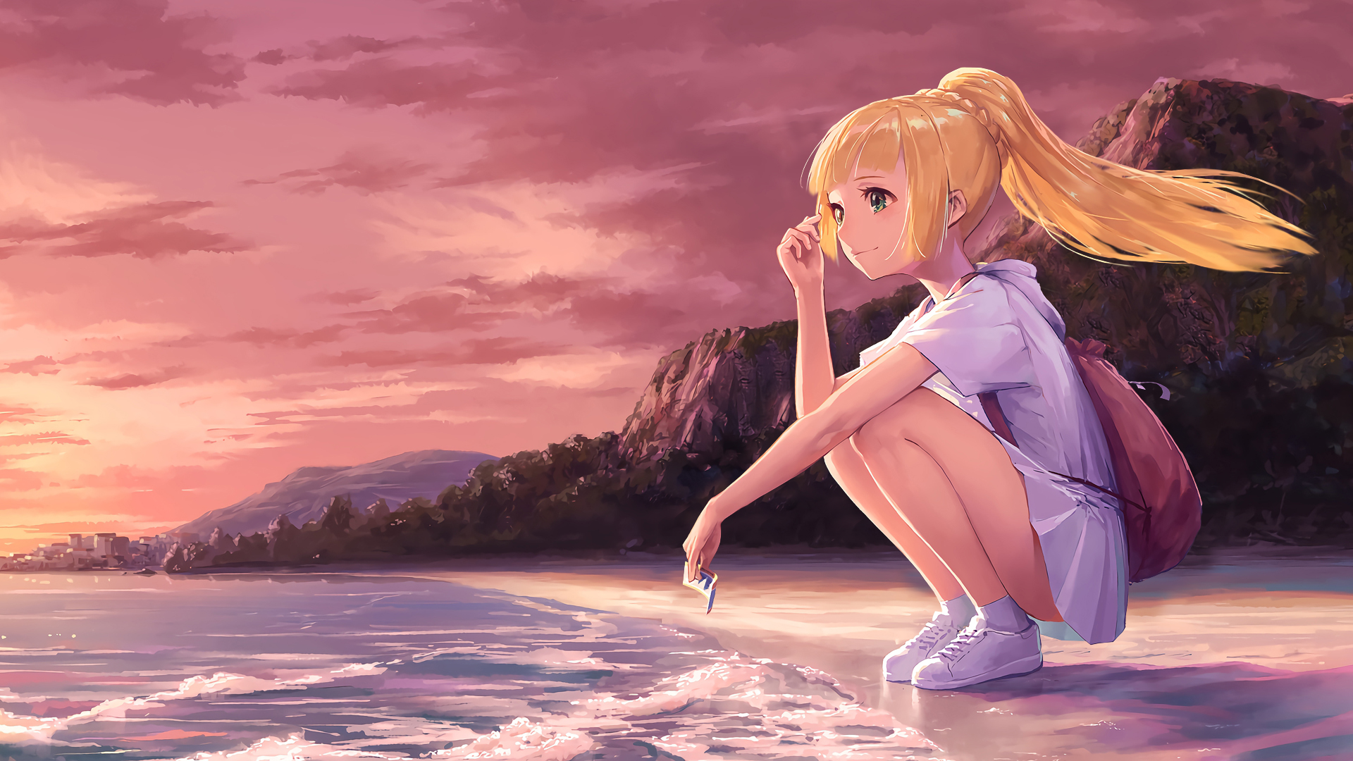 Anime girl with blonde ponytail on a beach at sunset HD Wallpaper