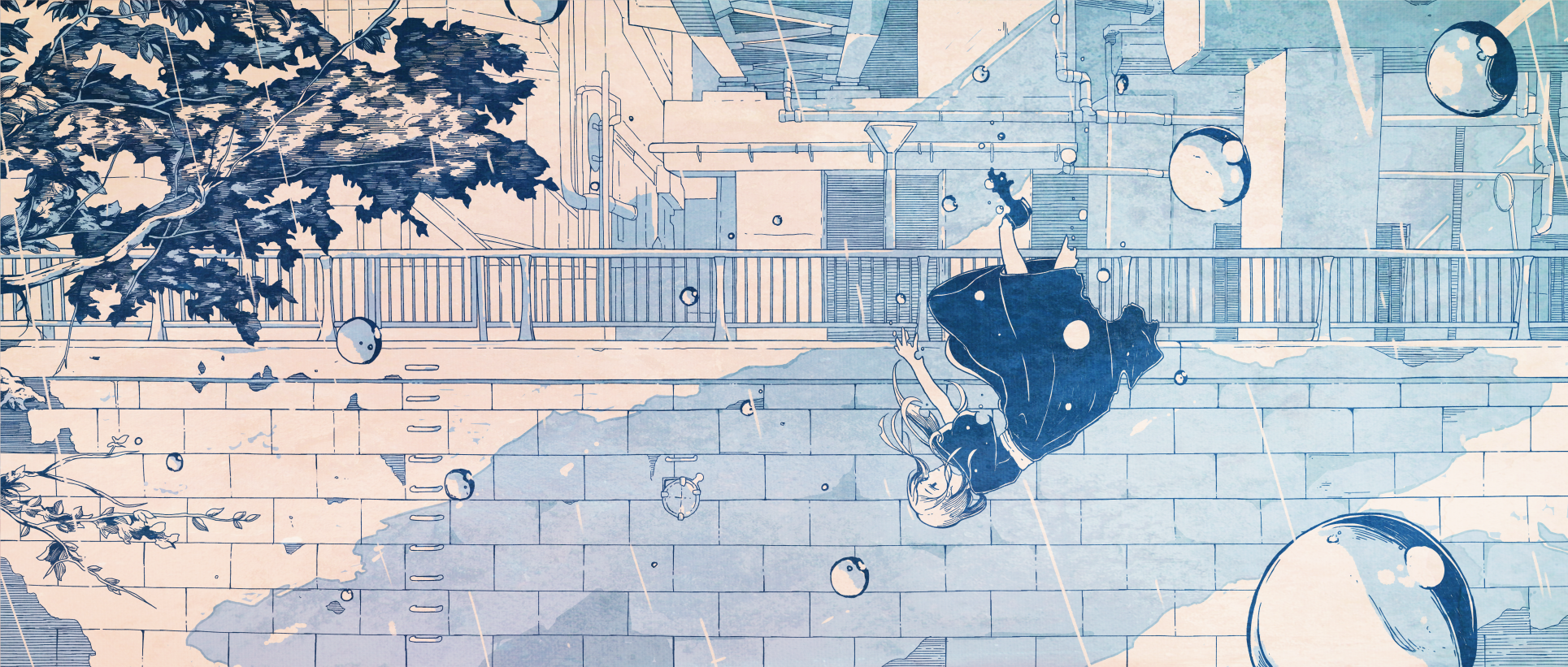 Girl falling with bubbles and rain HD Wallpaper