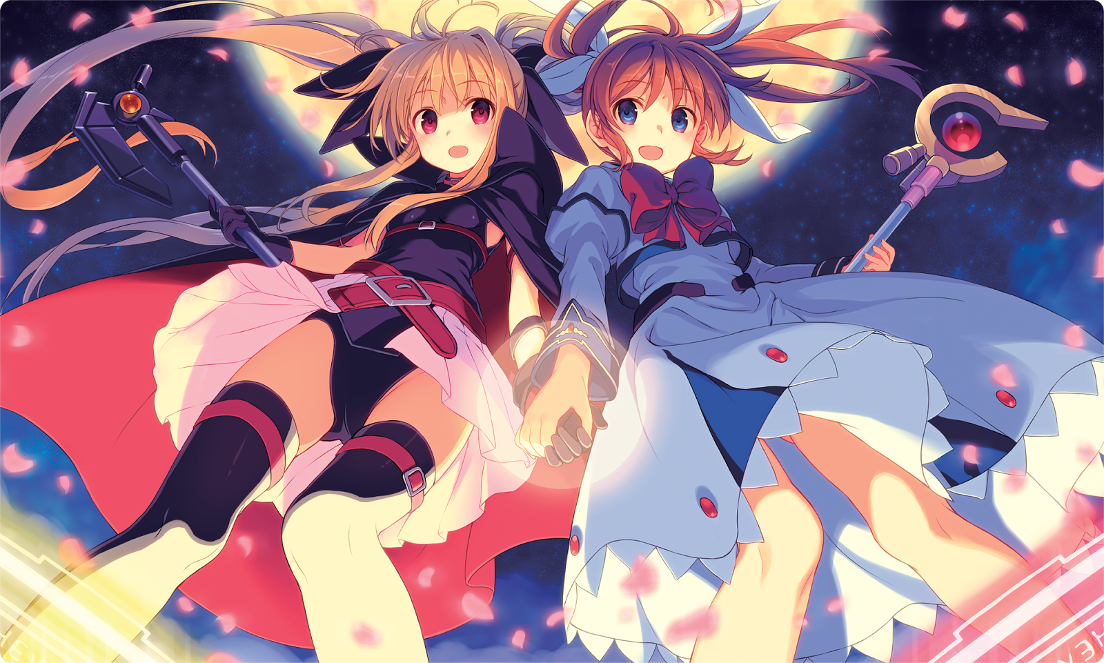 Two magical girls holding hands under the moon HD Wallpaper
