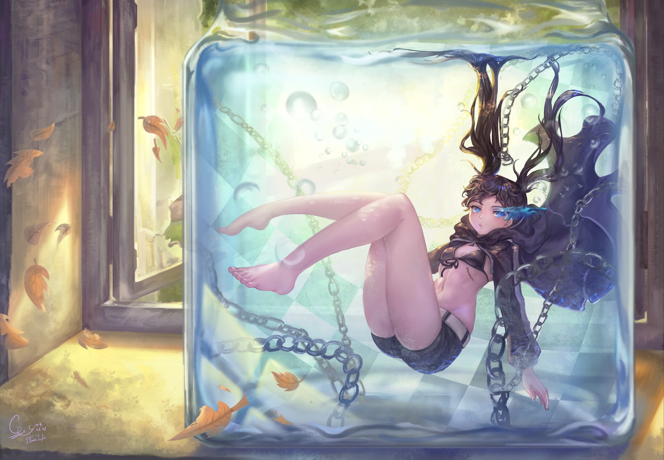 Black Rock Shooter in a Jar with Chains and Leaves HD Wallpaper