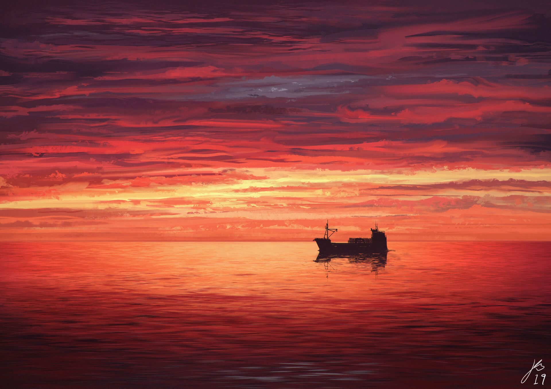 Digital painting of a cargo ship at sunset over the red sea HD Wallpaper