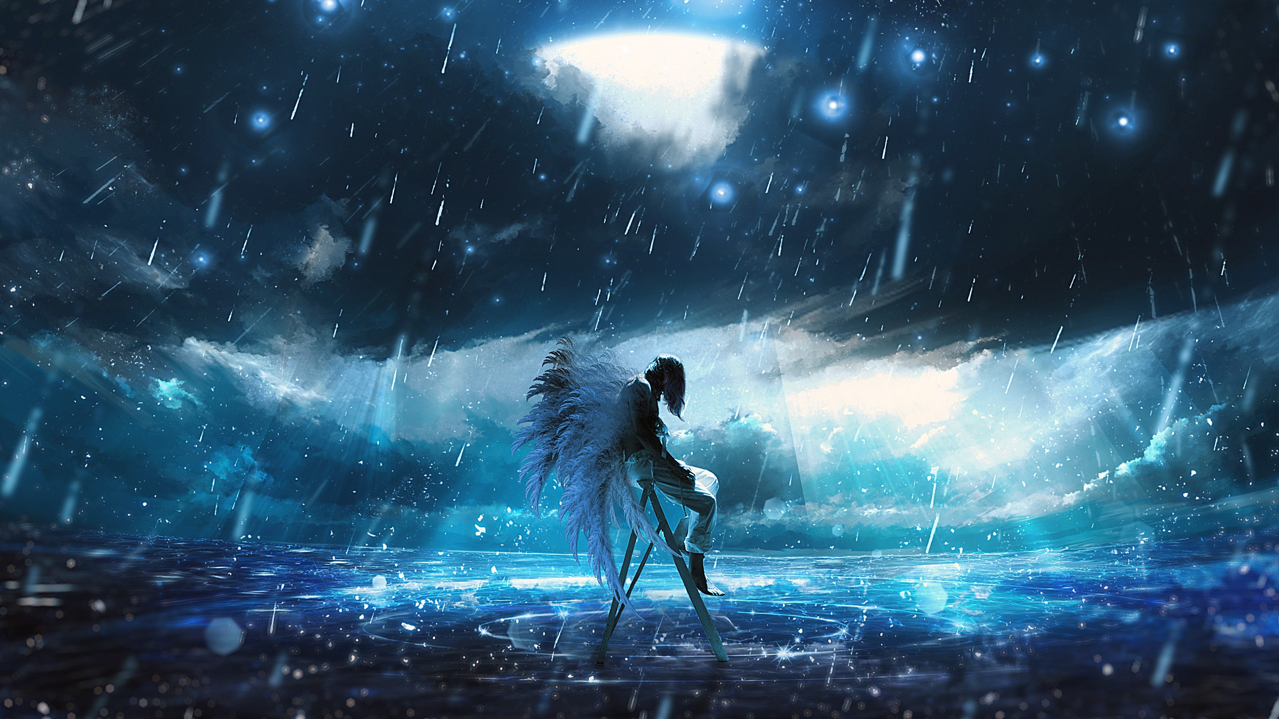 Angel sitting on a ladder in the rain HD Wallpaper