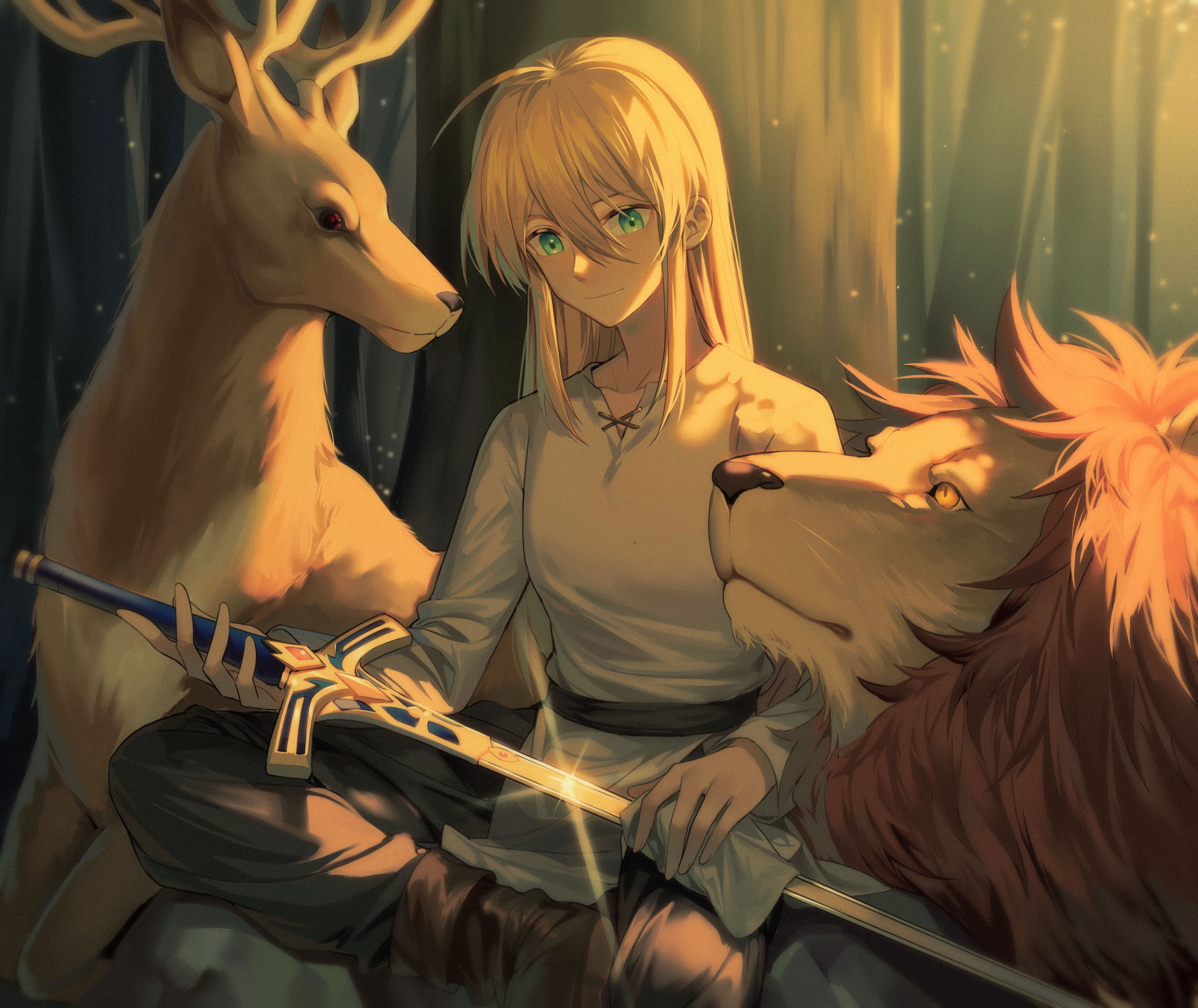Artoria Pendragon with Lion and Deer HD Wallpaper