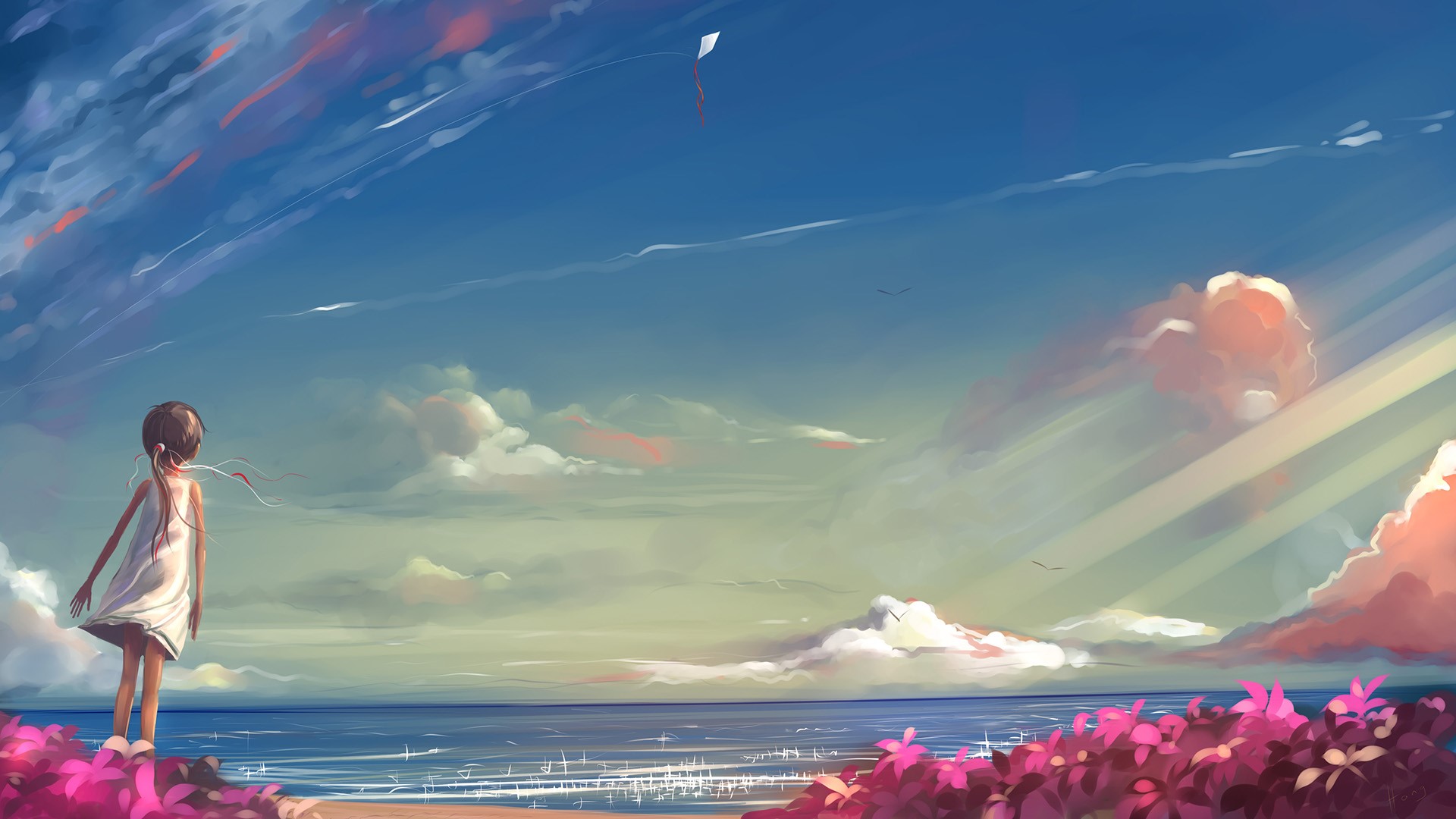 Girl watching a kite fly over the ocean HD Wallpaper