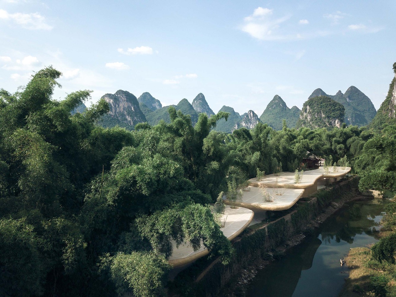 Modern architecture in a bamboo forest with karst mountains HD Wallpaper
