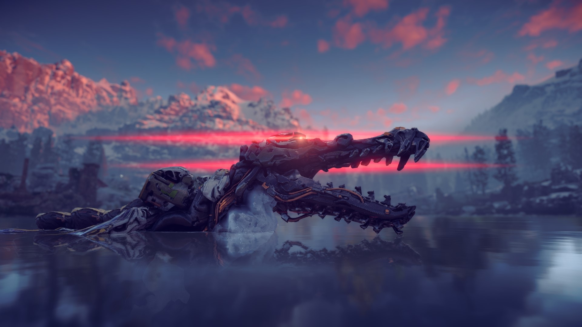 Horizon Zero Dawn mechanical crocodile in water HD Wallpaper