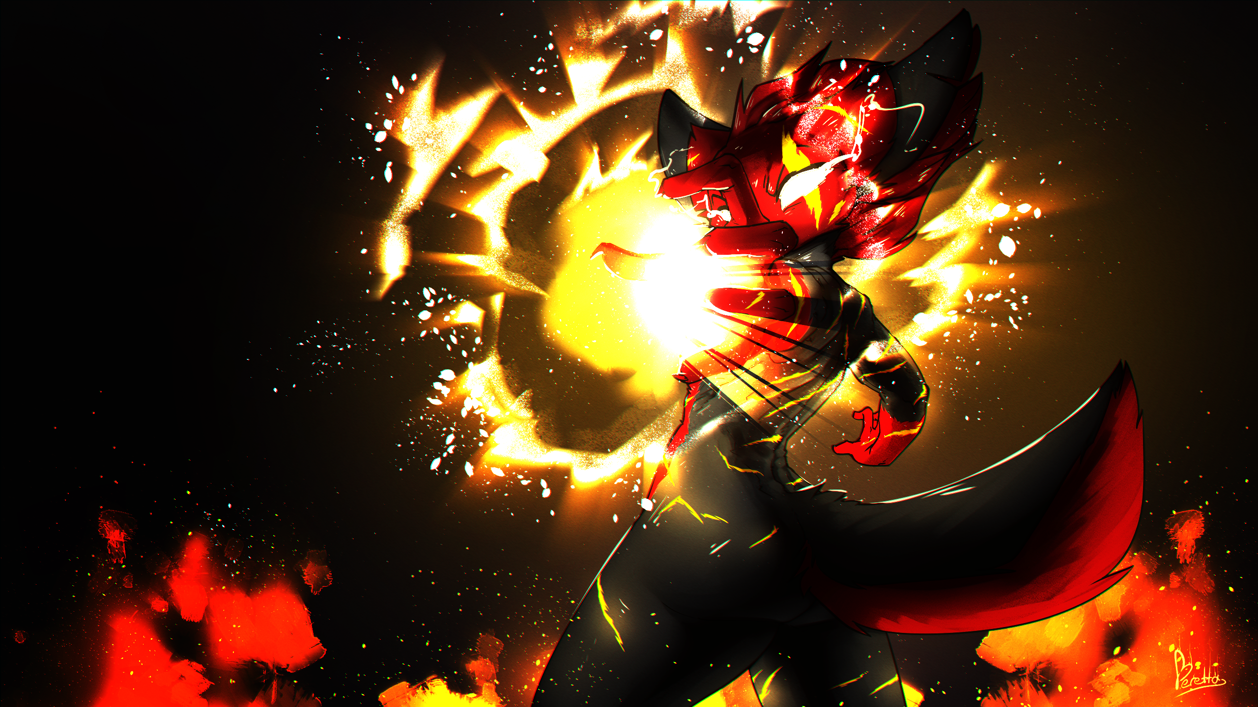 Fiery fox creature unleashing energy blast HD Wallpaper