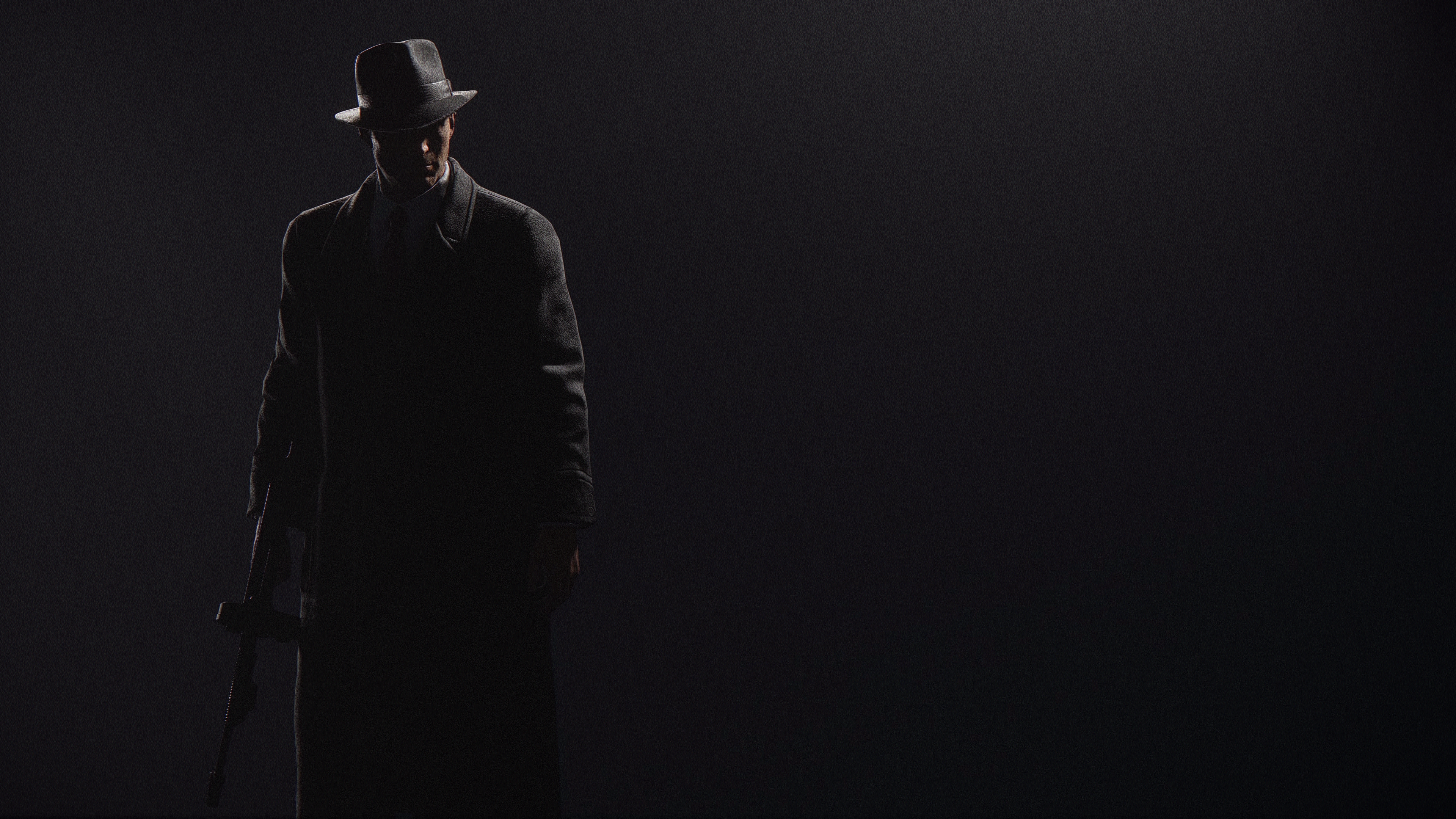 Man in fedora and trench coat holding a gun HD Wallpaper