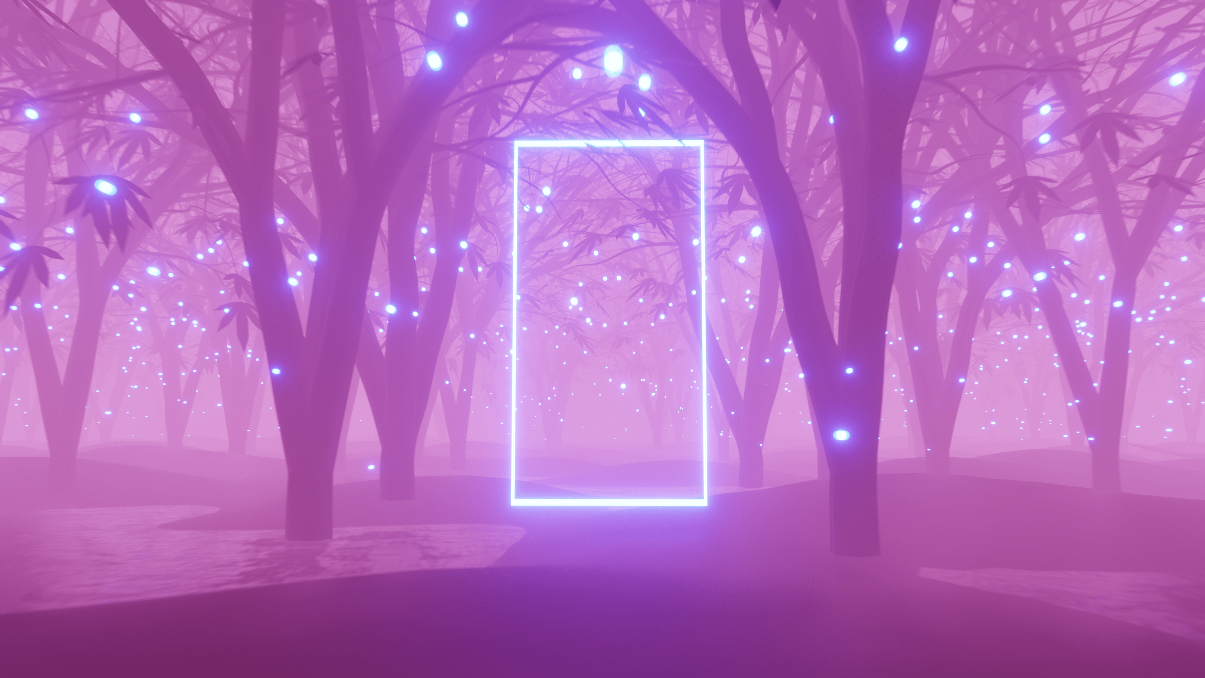 4K Blender forest with neon rectangle HD Wallpaper