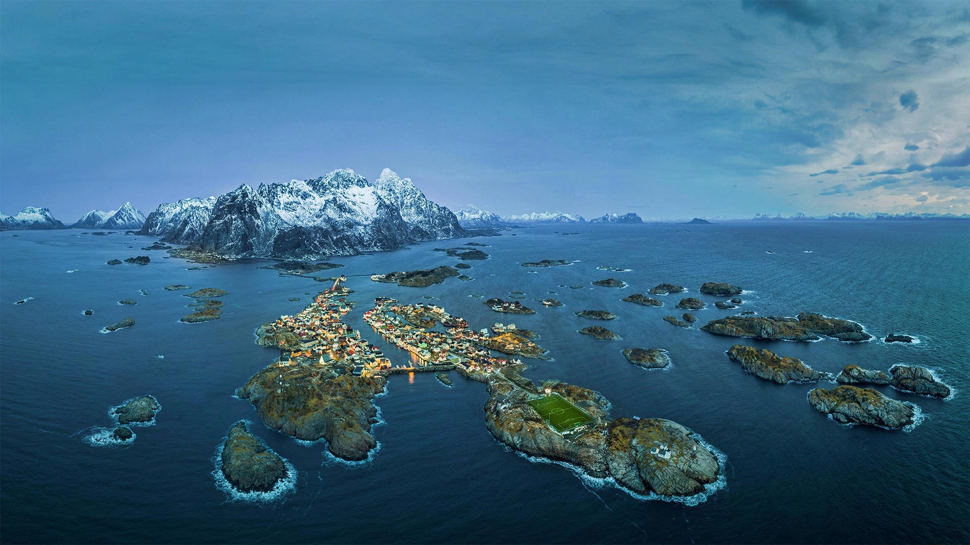 Henningsvaer, Lofoten Islands, Norway aerial view with soccer pitch HD Wallpaper