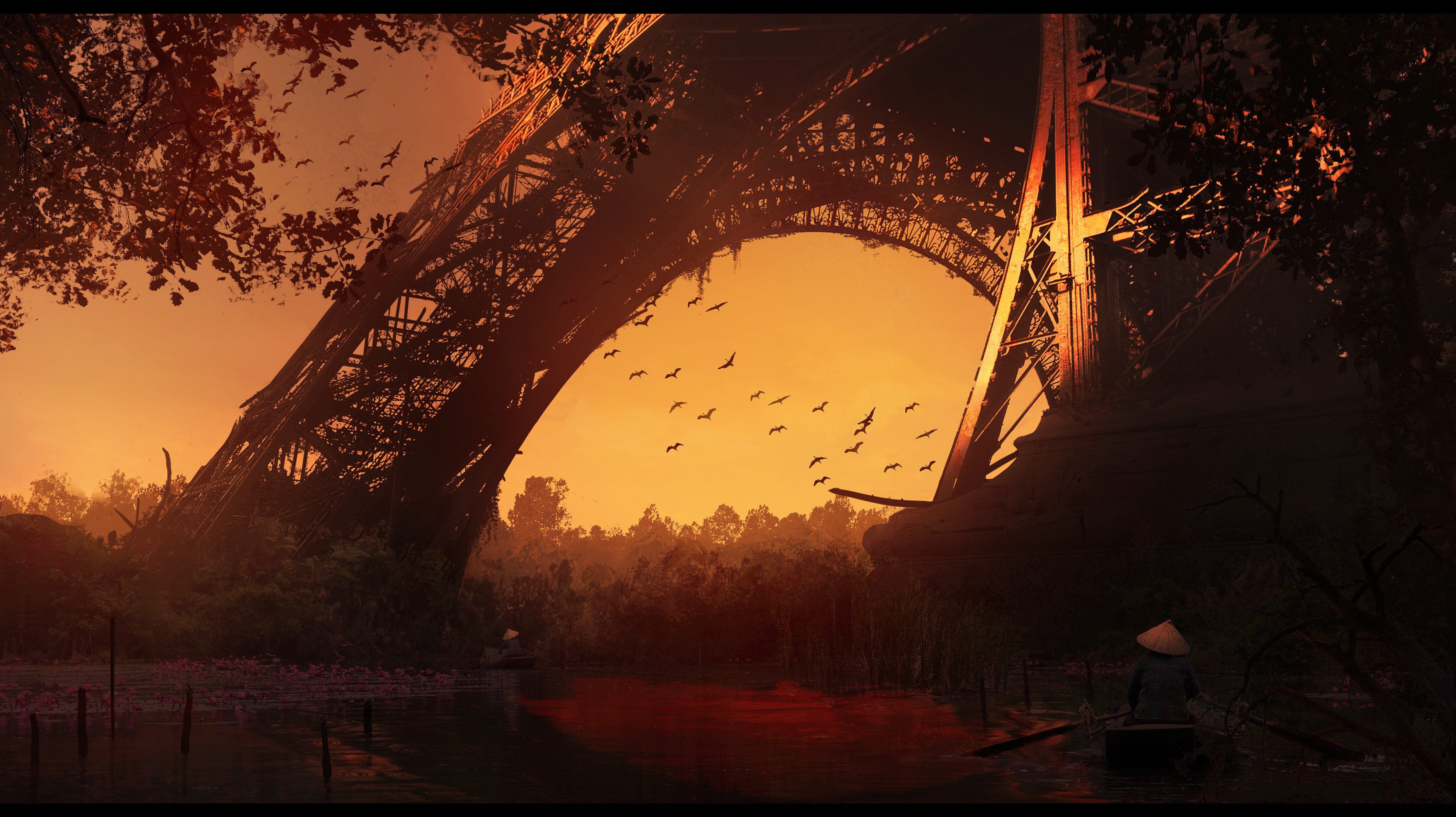 Ruined Eiffel Tower over a swamp at sunset HD Wallpaper
