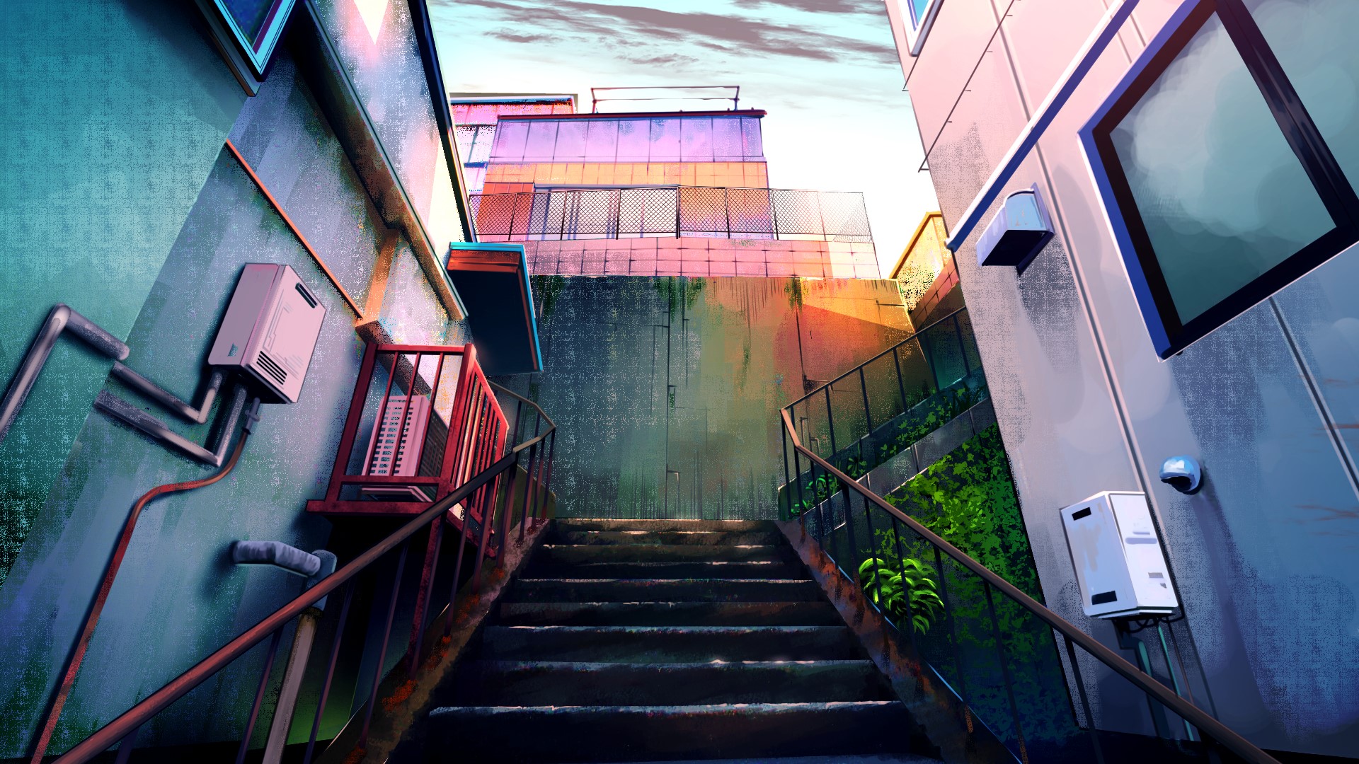 Outdoor stairs between buildings with sky and clouds HD Wallpaper