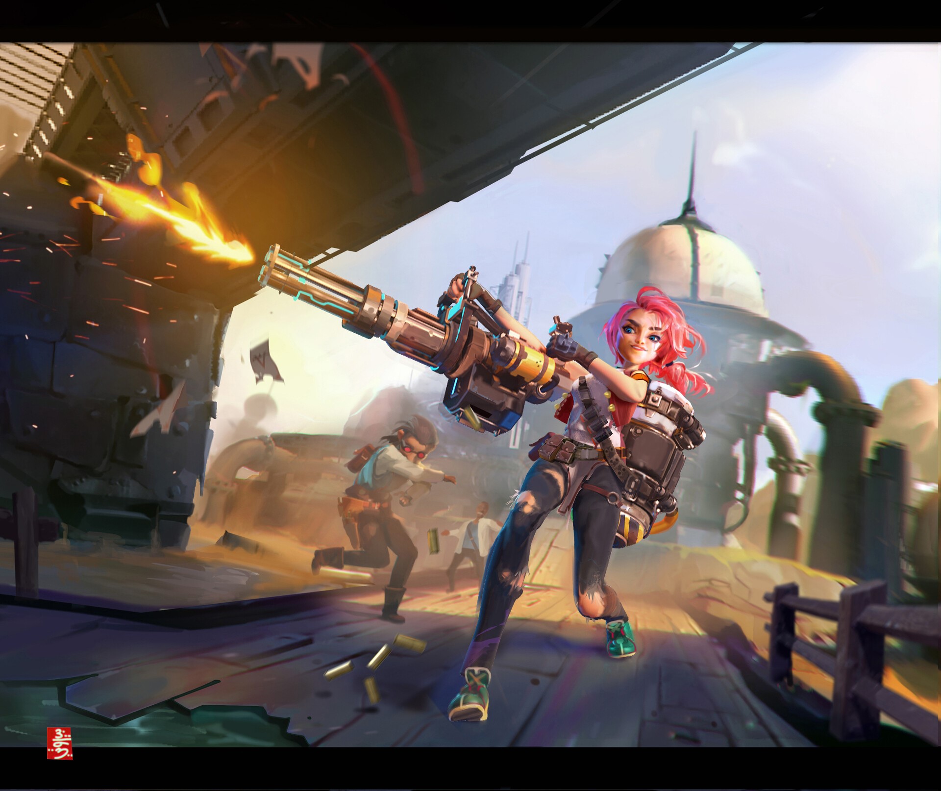 Woman with pink hair firing a minigun in a battle HD Wallpaper
