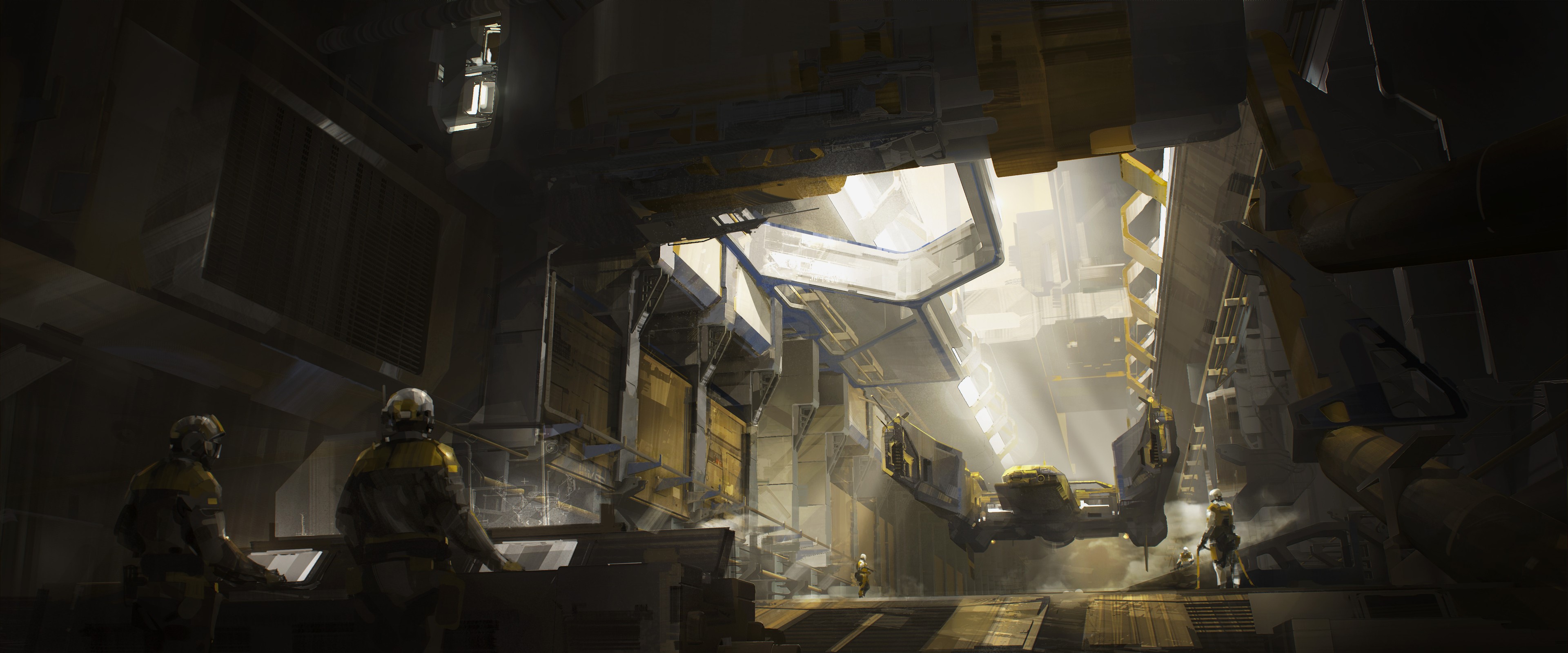 Science fiction artwork of a spaceship hangar HD Wallpaper