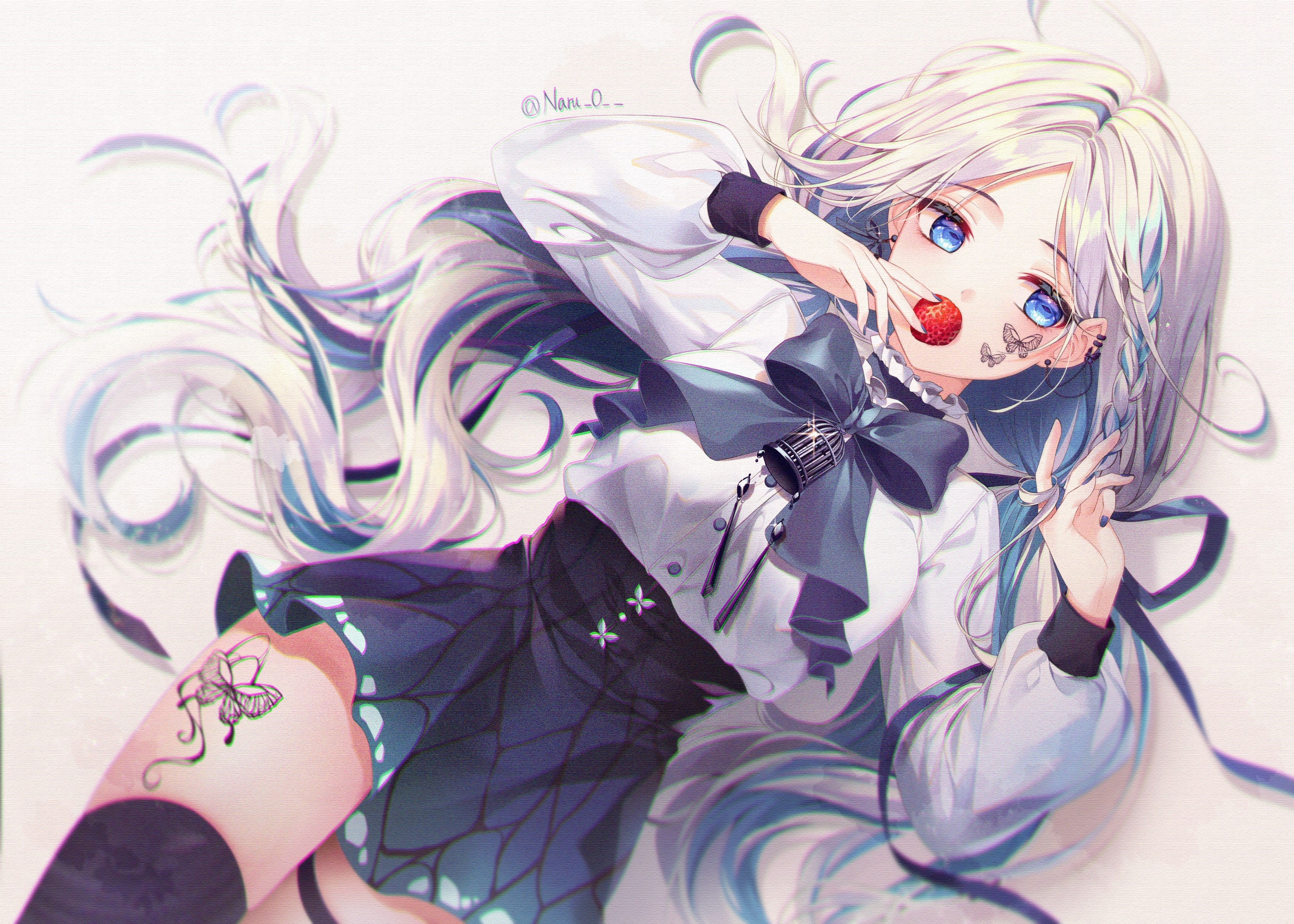 Anime girl with silver hair and blue eyes holding a strawberry HD Wallpaper
