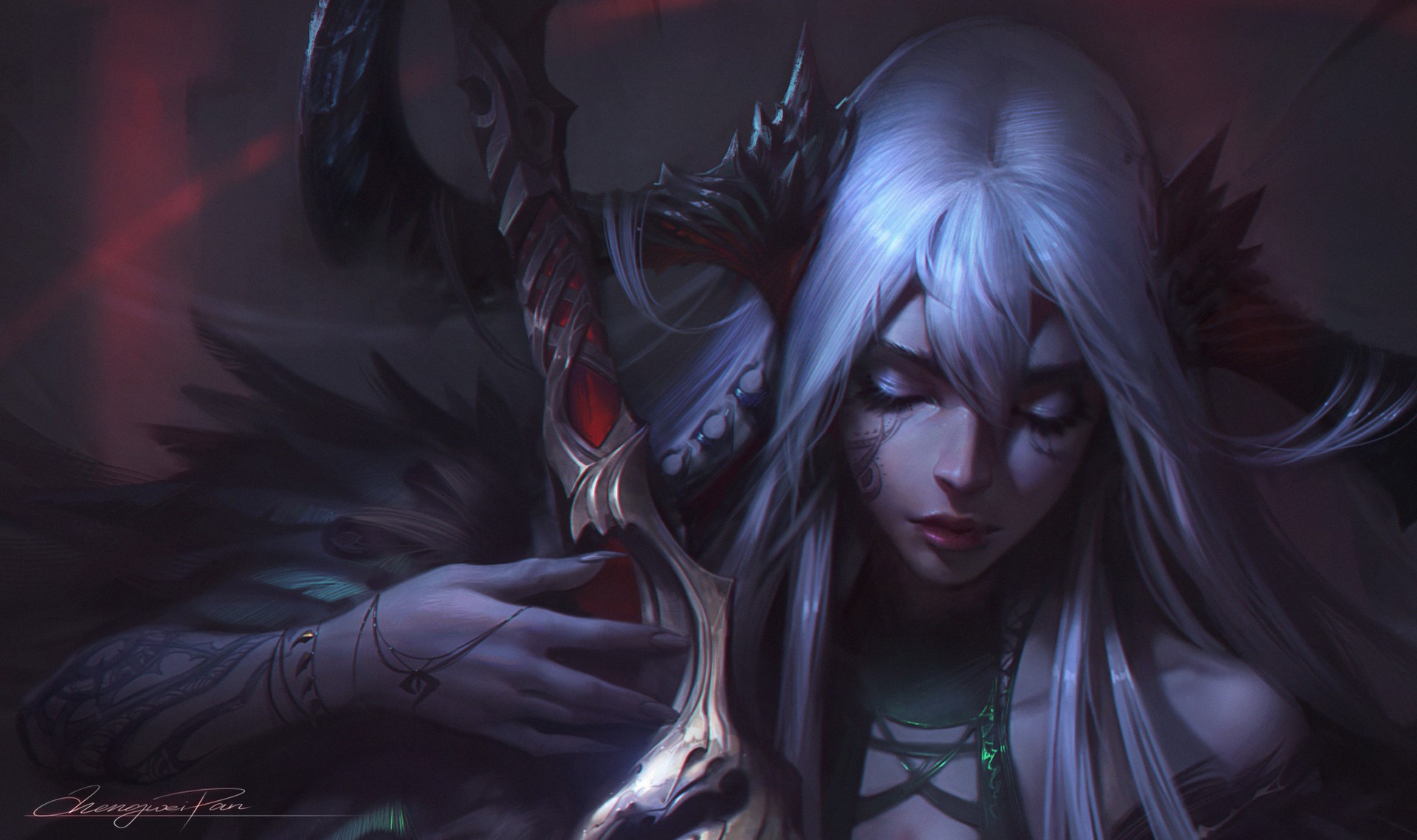 Fantasy girl with white hair and horns HD Wallpaper