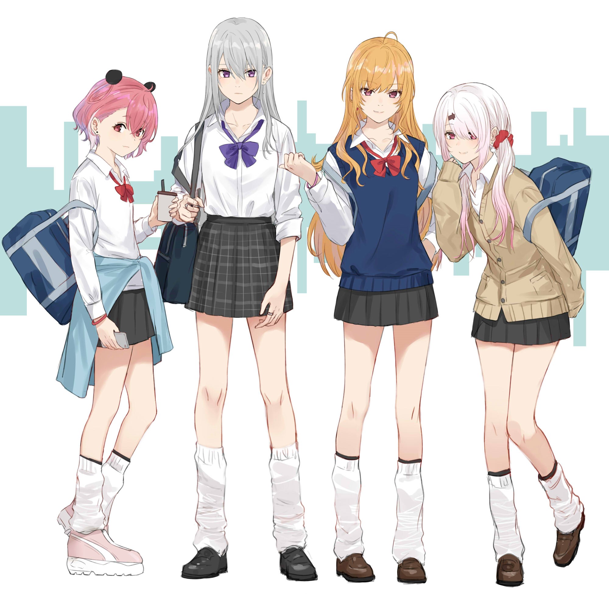 Four anime girls in school uniforms with bags HD Wallpaper